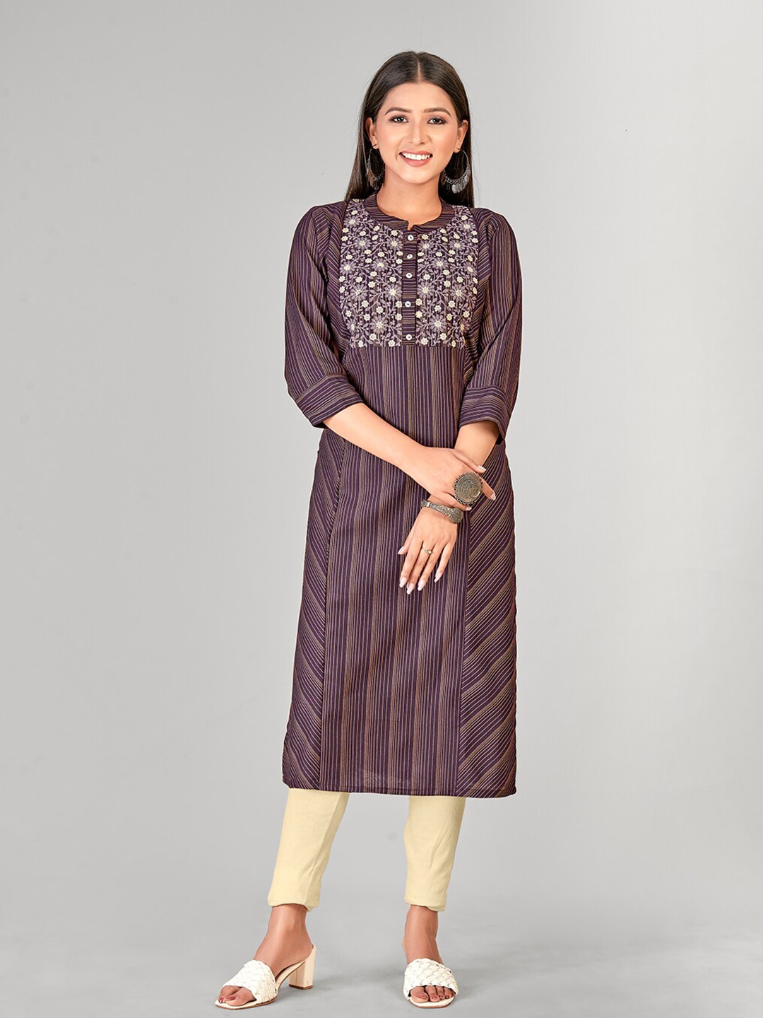 

NH KAPDEWALA Ethnic Motifs Printed Thread Work Cotton Kurta, Purple