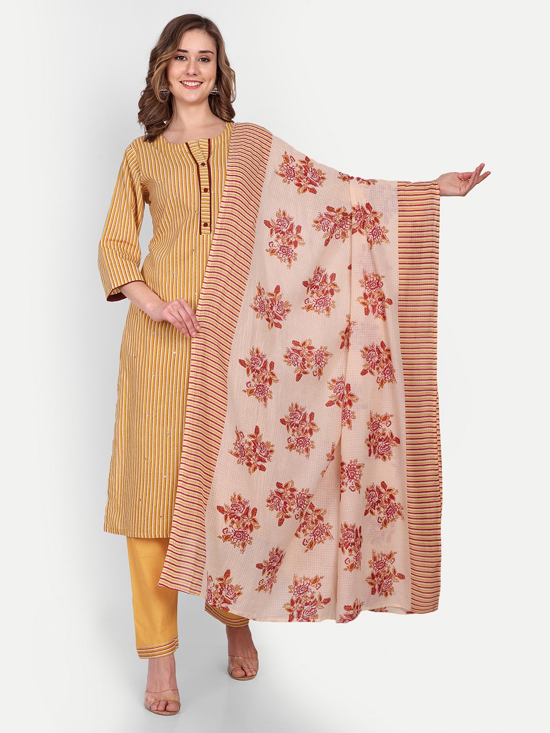 

NH KAPDEWALA Printed Pure Cotton Kurti with Pyjamas & With Dupatta, Yellow