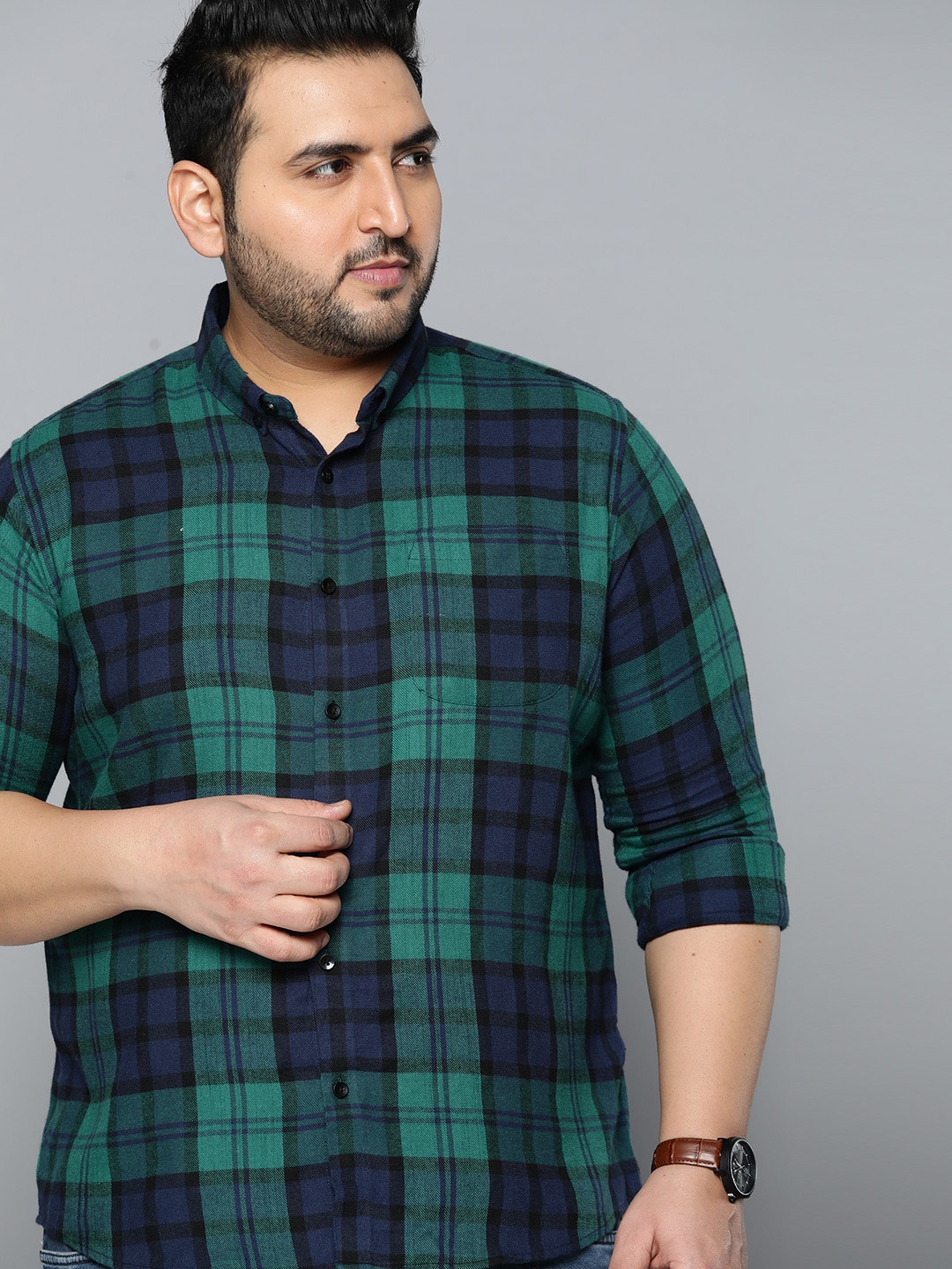 

DENNISON Men Plus Size Tartan Checked Casual Shirt, Green