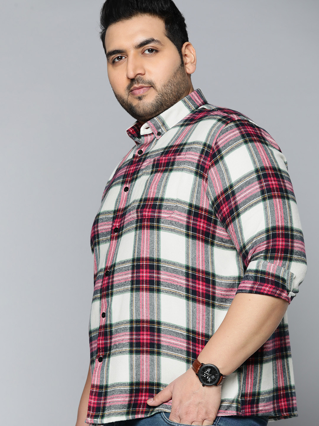 

DENNISON Men Plus Size Smart Tartan Checked Casual Shirt, White