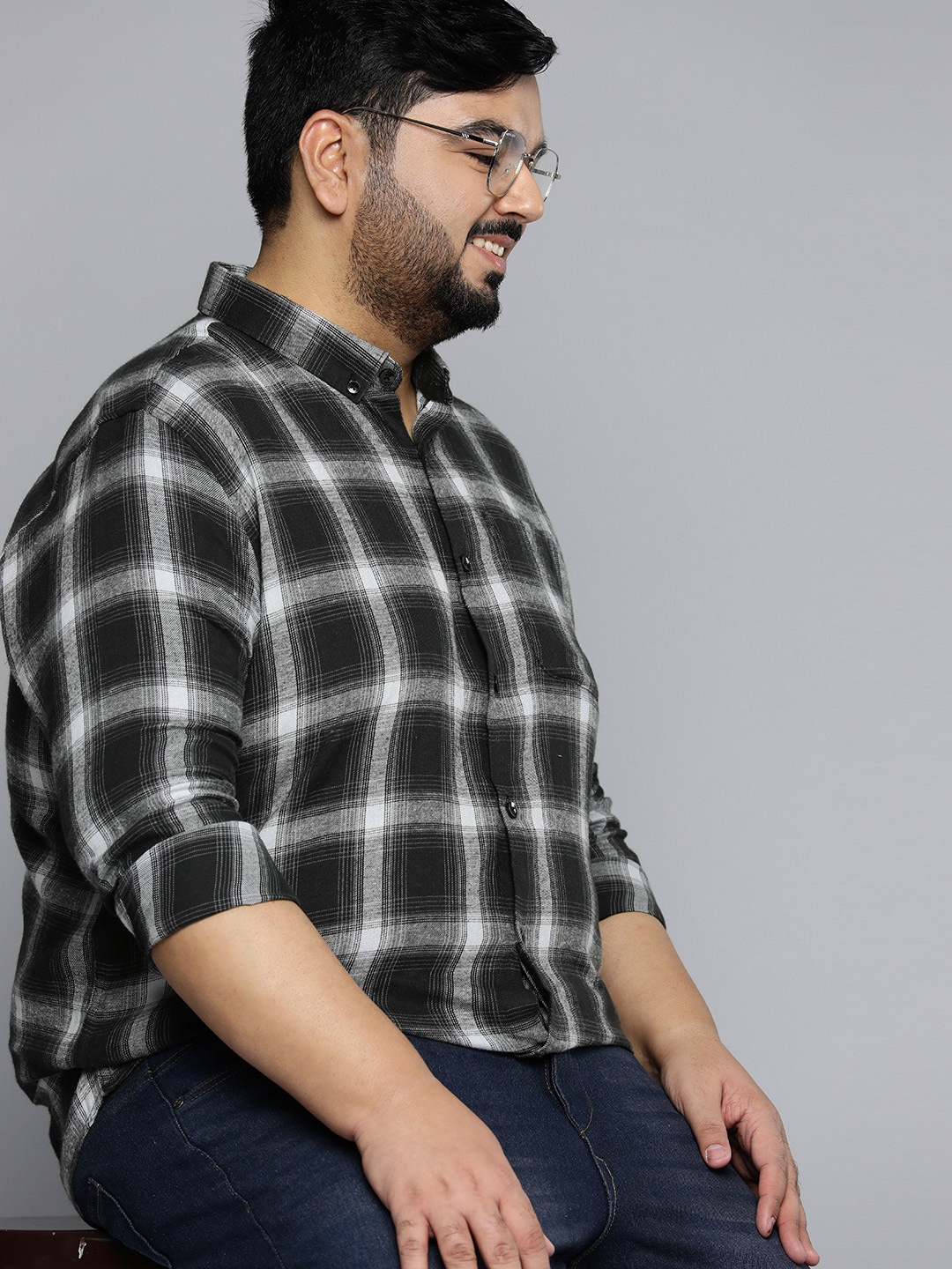 

DENNISON Men Plus Size Smart Tartan Checked Cotton Casual Shirt, Black