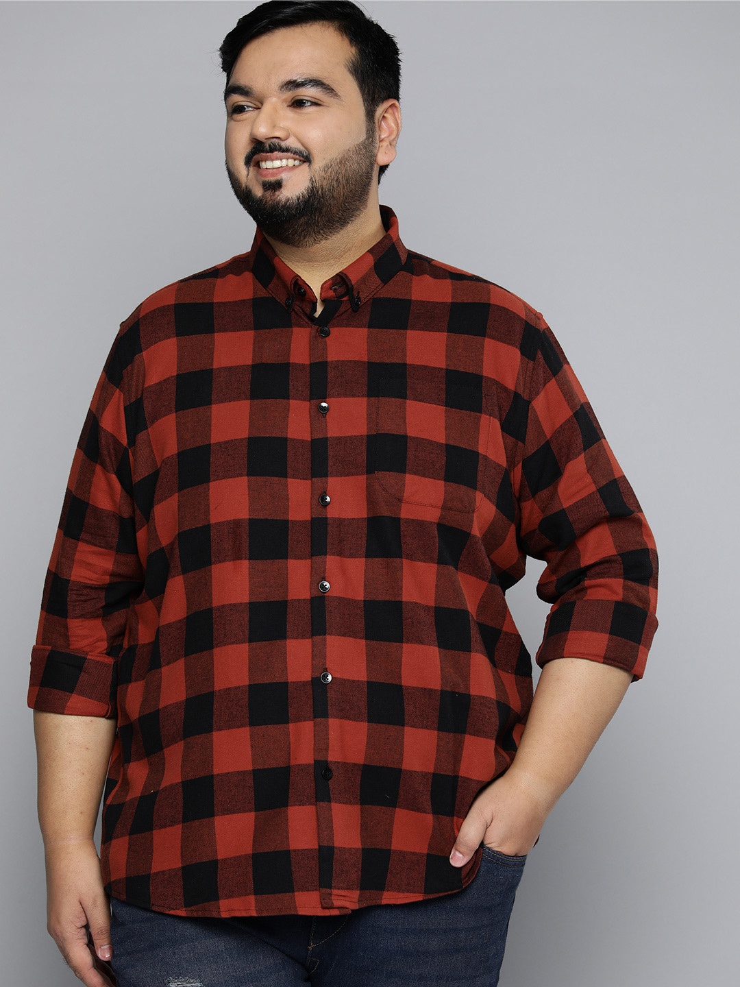 

DENNISON Plus Size Men Smart Buffalo Checks Casual Cotton Shirt, Red