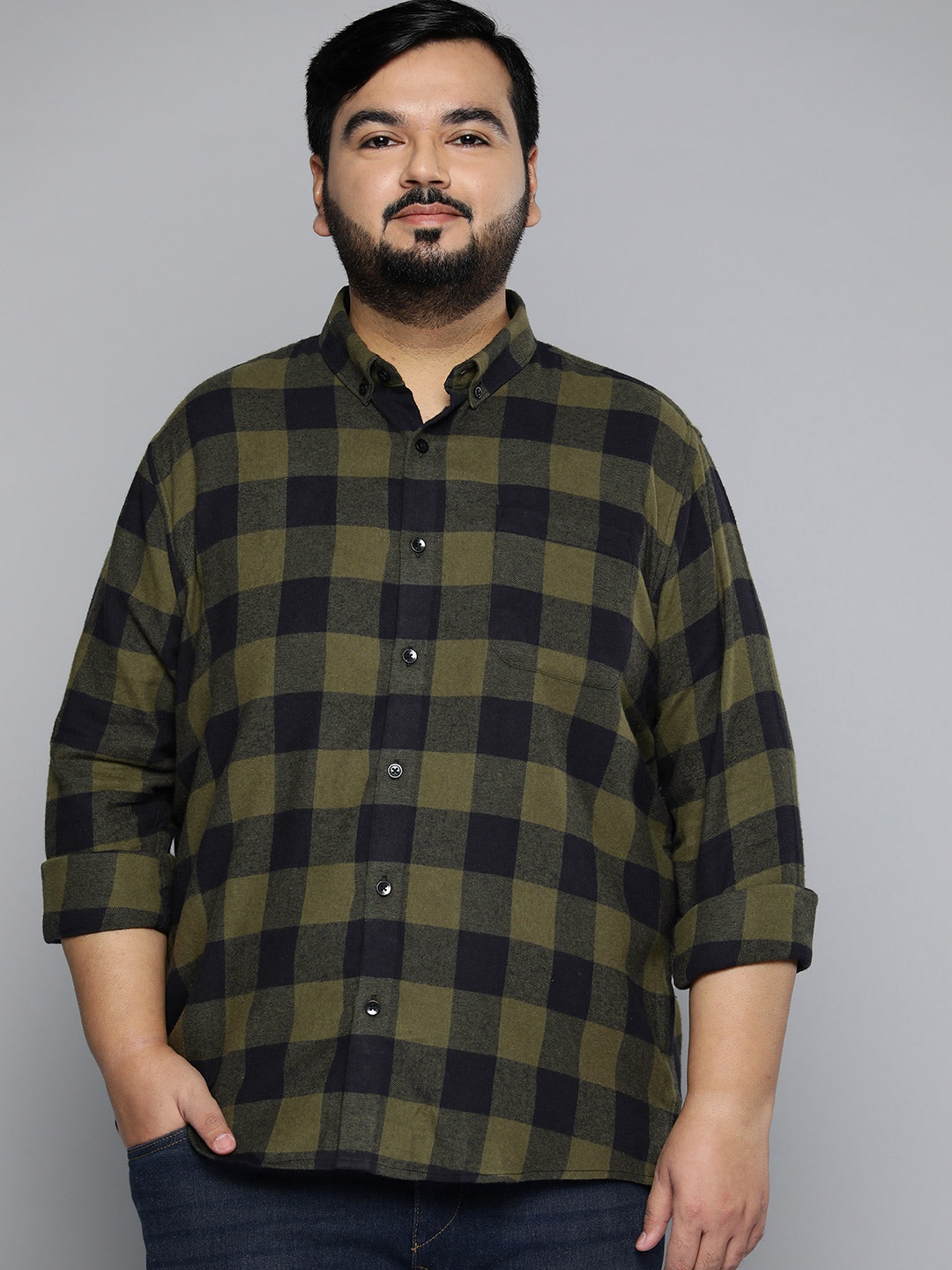

DENNISON Plus Size Men Smart Buffalo Checks Casual Cotton Shirt, Olive