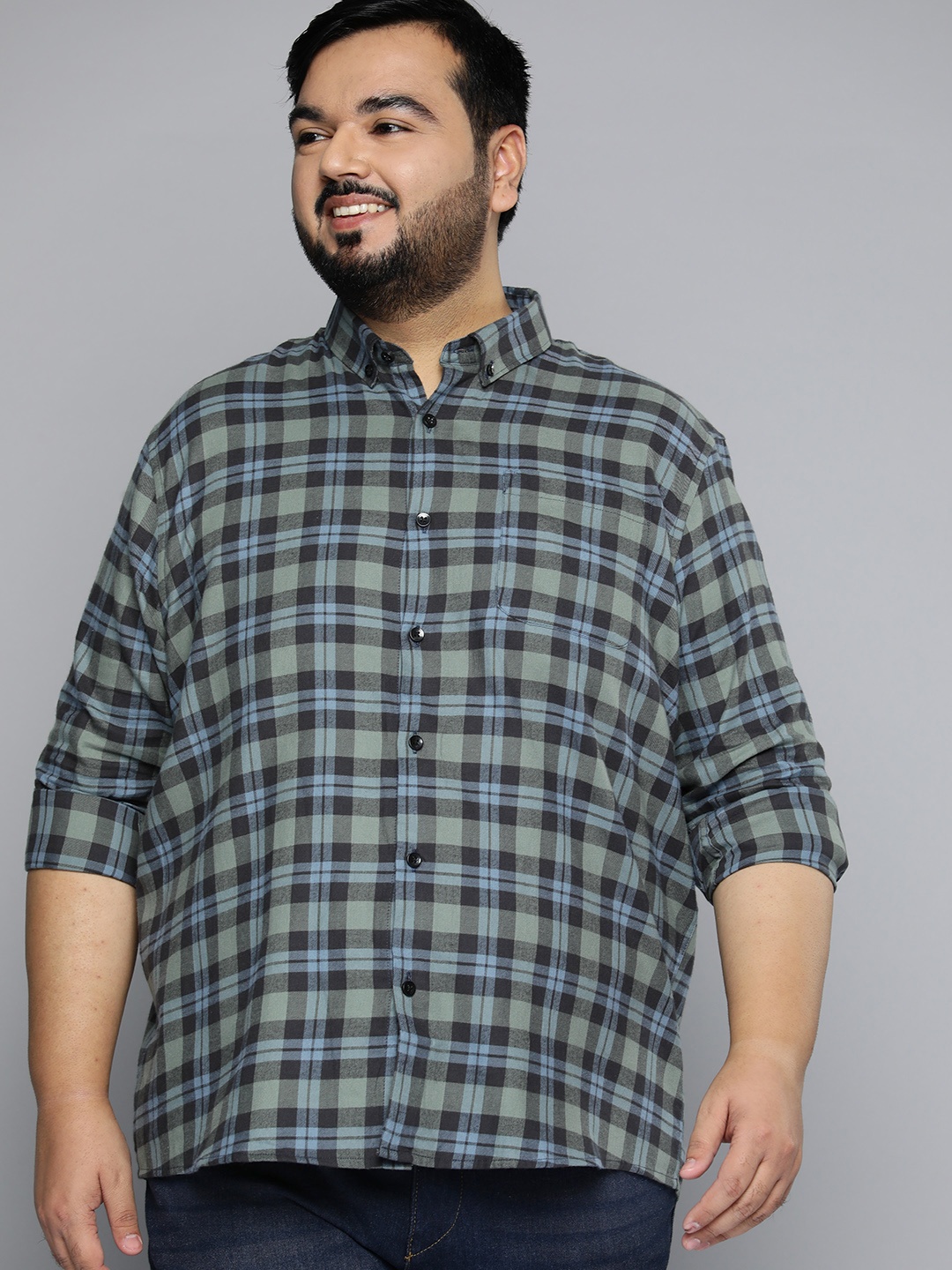 

DENNISON Plus Size Men Smart Tartan Checked Casual Cotton Shirt, Olive