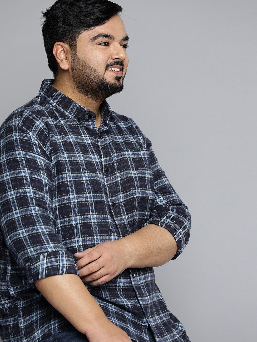 

DENNISON Men Plus Size Smart Checked Casual Shirt, Navy blue
