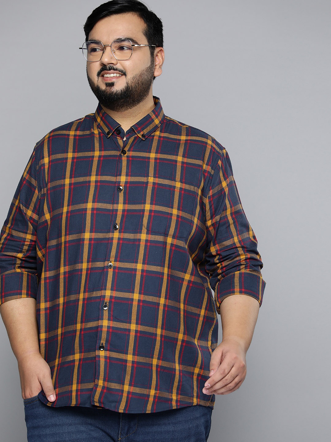 

DENNISON Men Plus Size Smart Checked Casual Shirt, Navy blue