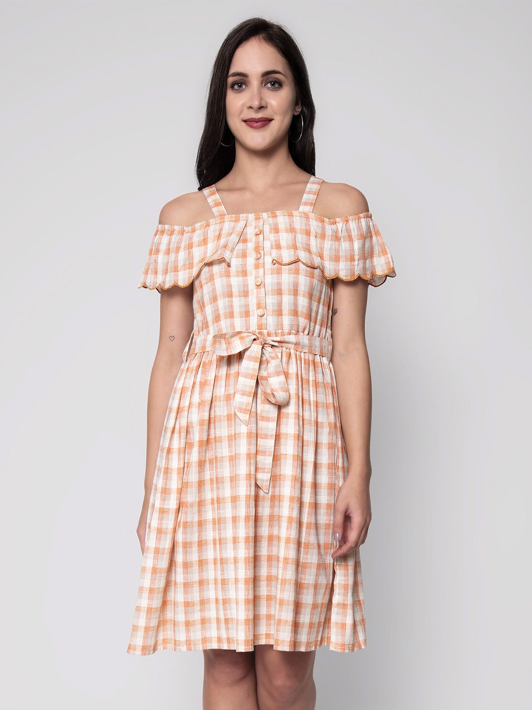 God Bless Checks Printed Dress, Brown