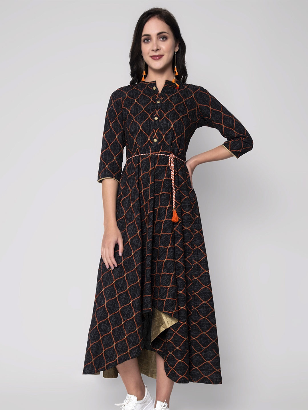 

God Bless Printed Long High-Low Cotton Midi Dress, Black
