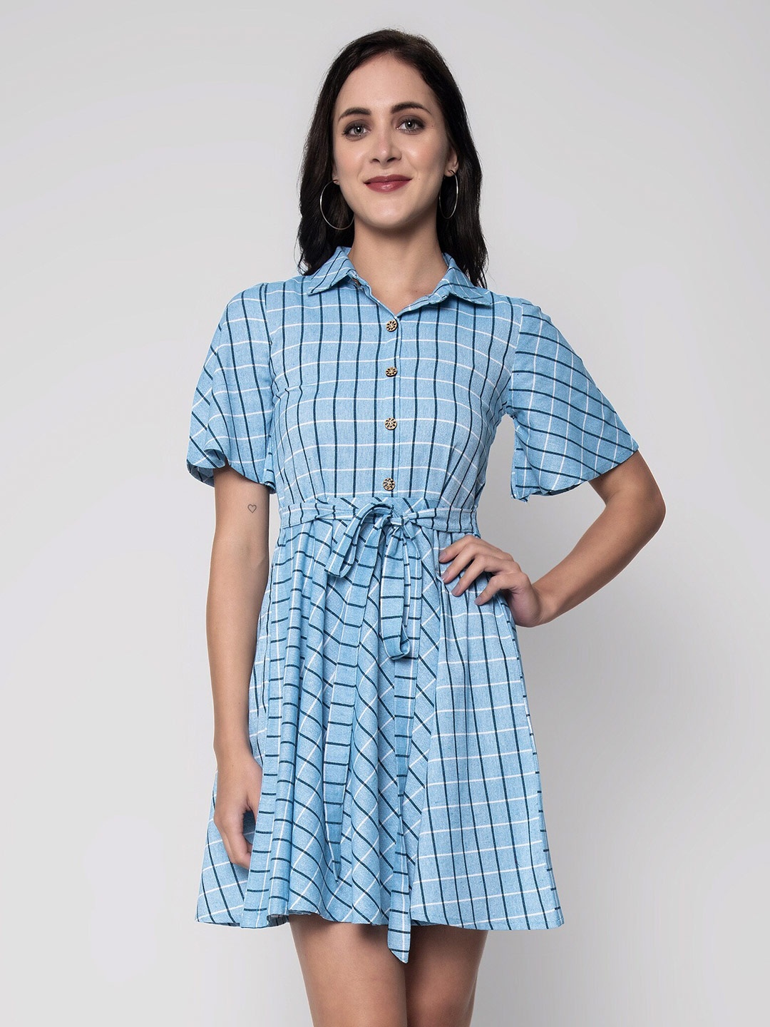 

God Bless Checked Cotton Dress, Blue
