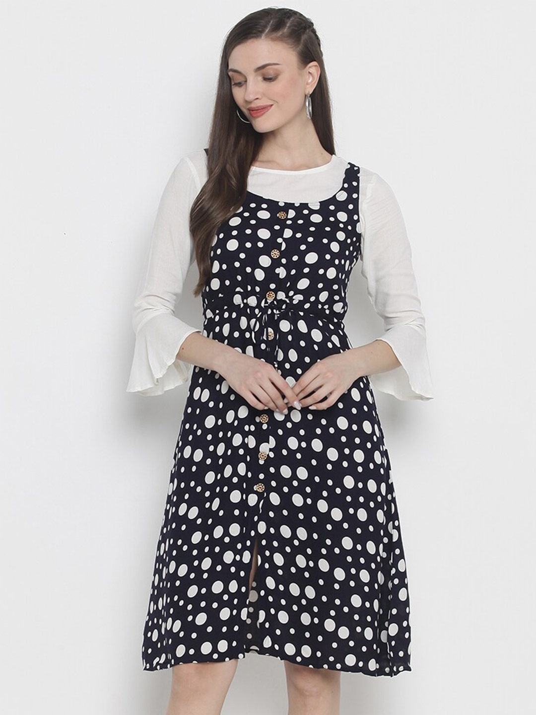 

God Bless Polka Dot A-Line Dress With White Crop Top, Navy blue