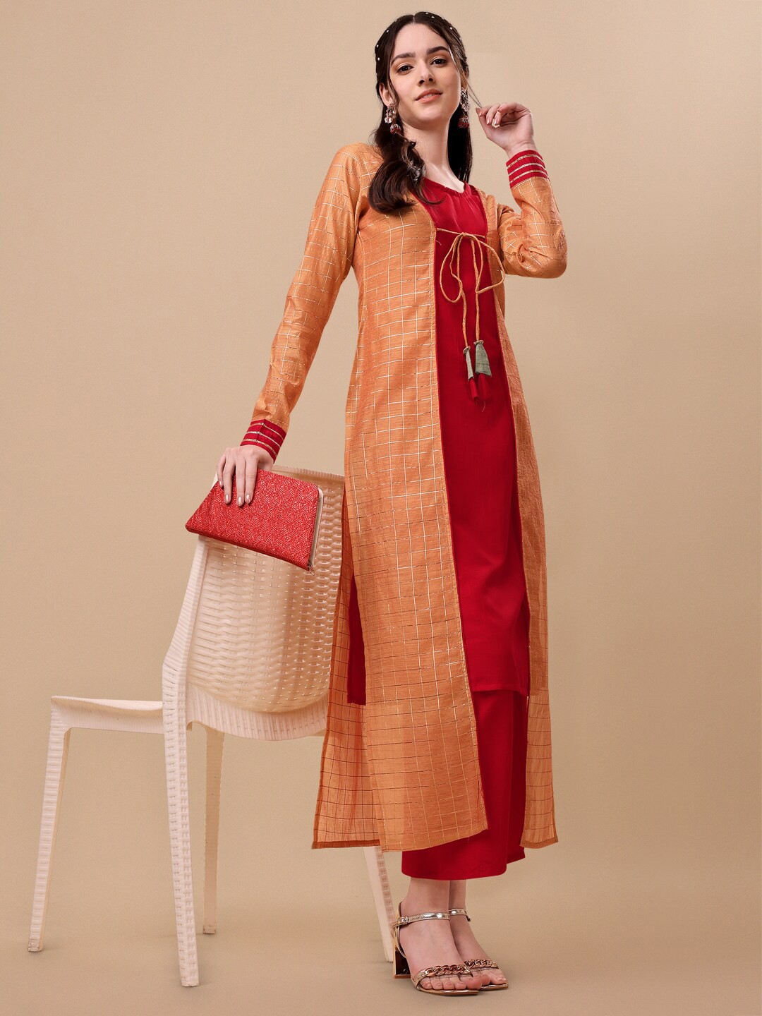 

KALINI Women Ethnic Motifs Kurta & Palazzos With Chanderi Jacket, Red