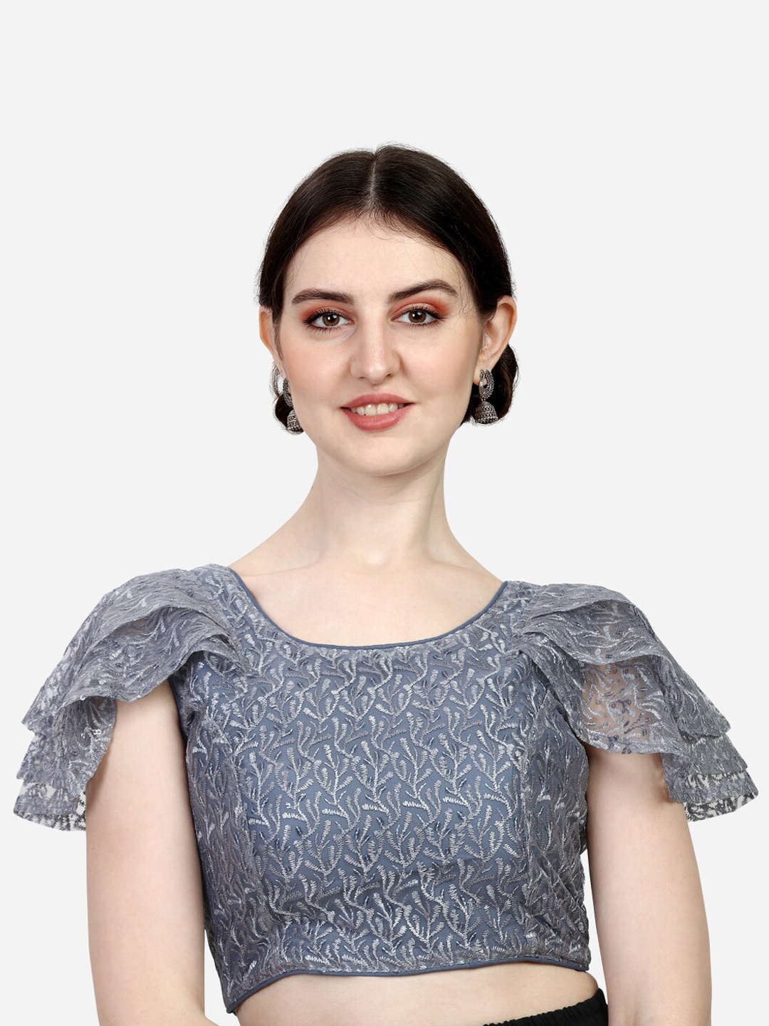 

PUJIA MILLS Embroidered Readymade Saree Blouse, Grey