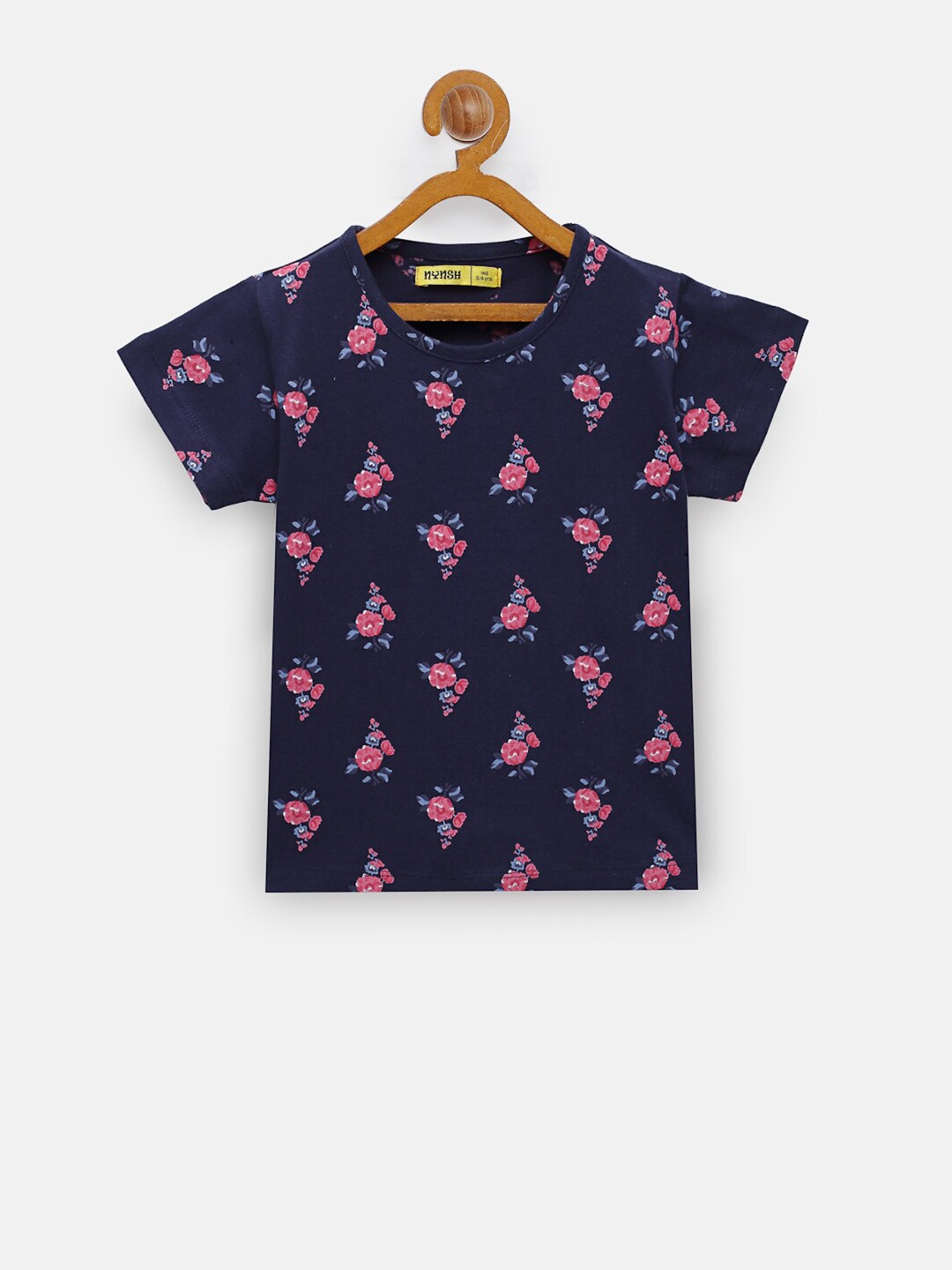 

NYNSH Girls Floral Printed Pure Cotton T-shirt, Navy blue