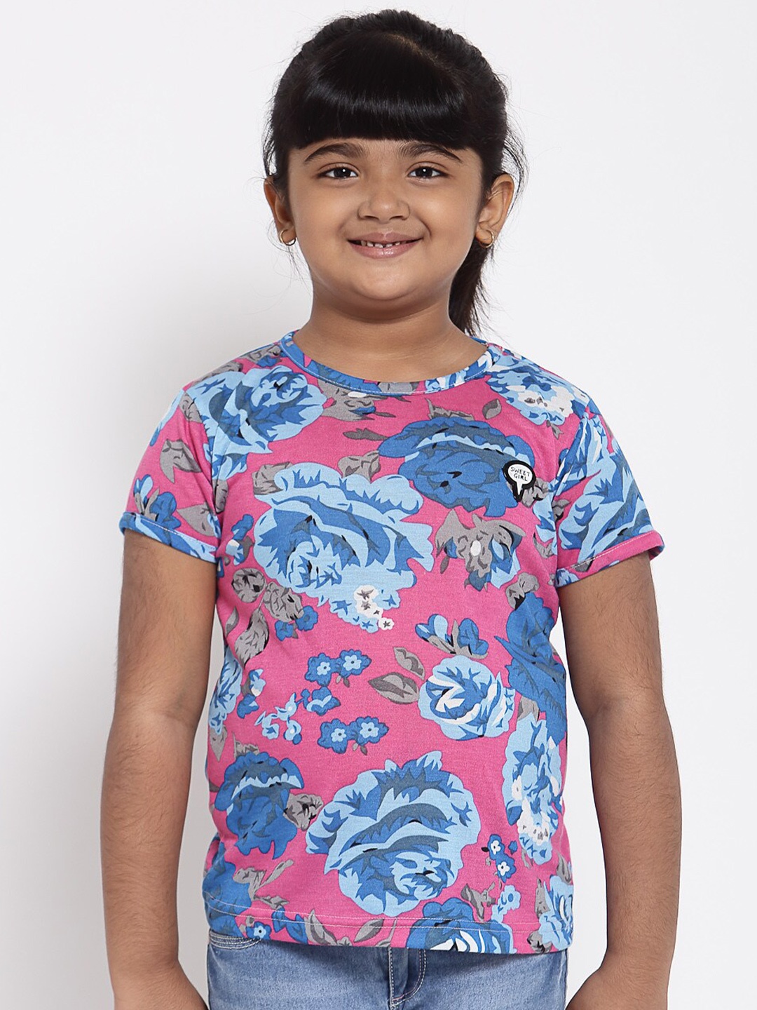 

NYNSH Girls Floral Printed Pure Cotton T-shirt, Pink