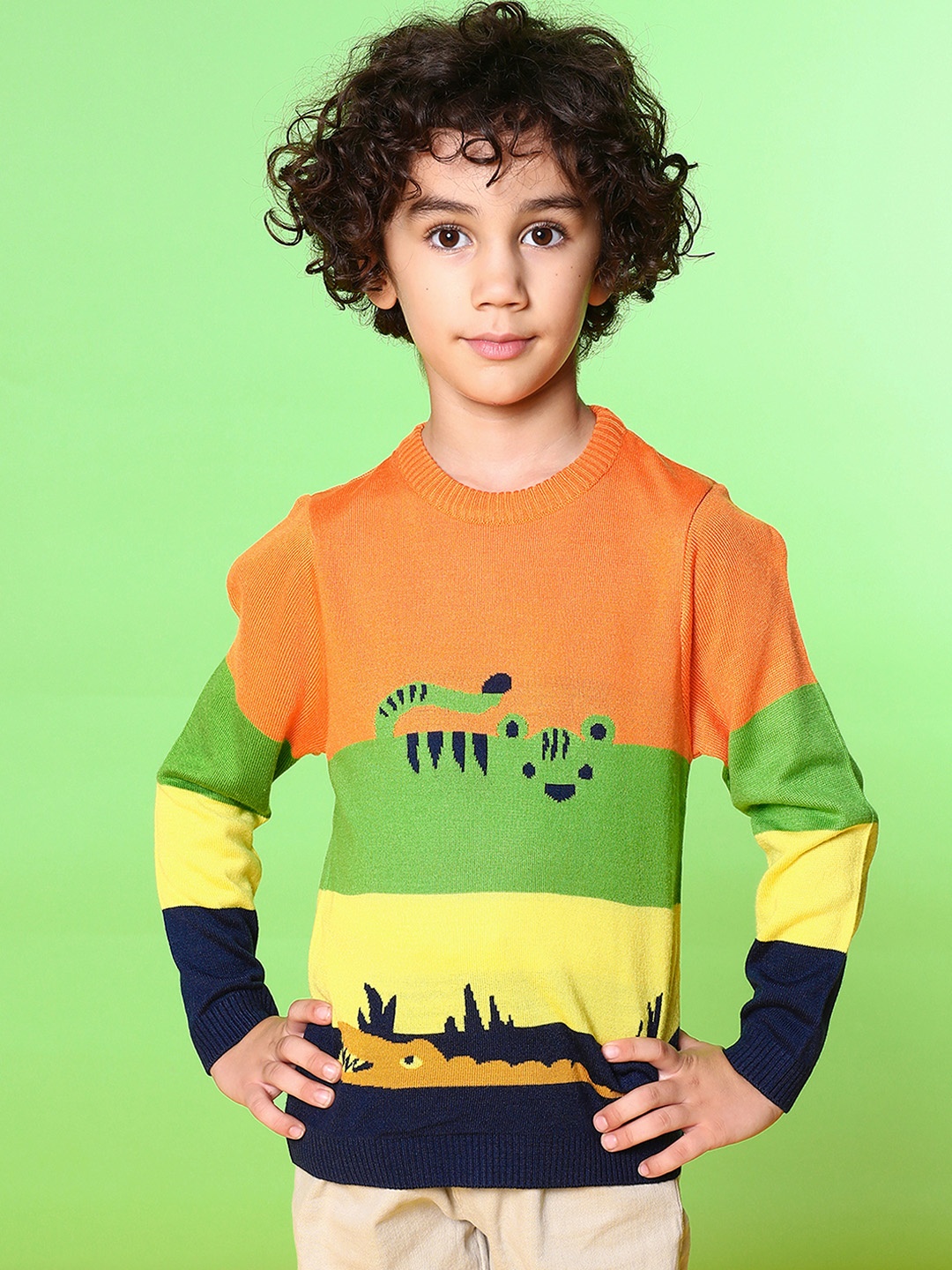 

Nauti Nati Boys Colourblocked Acrylic Pullover, Green