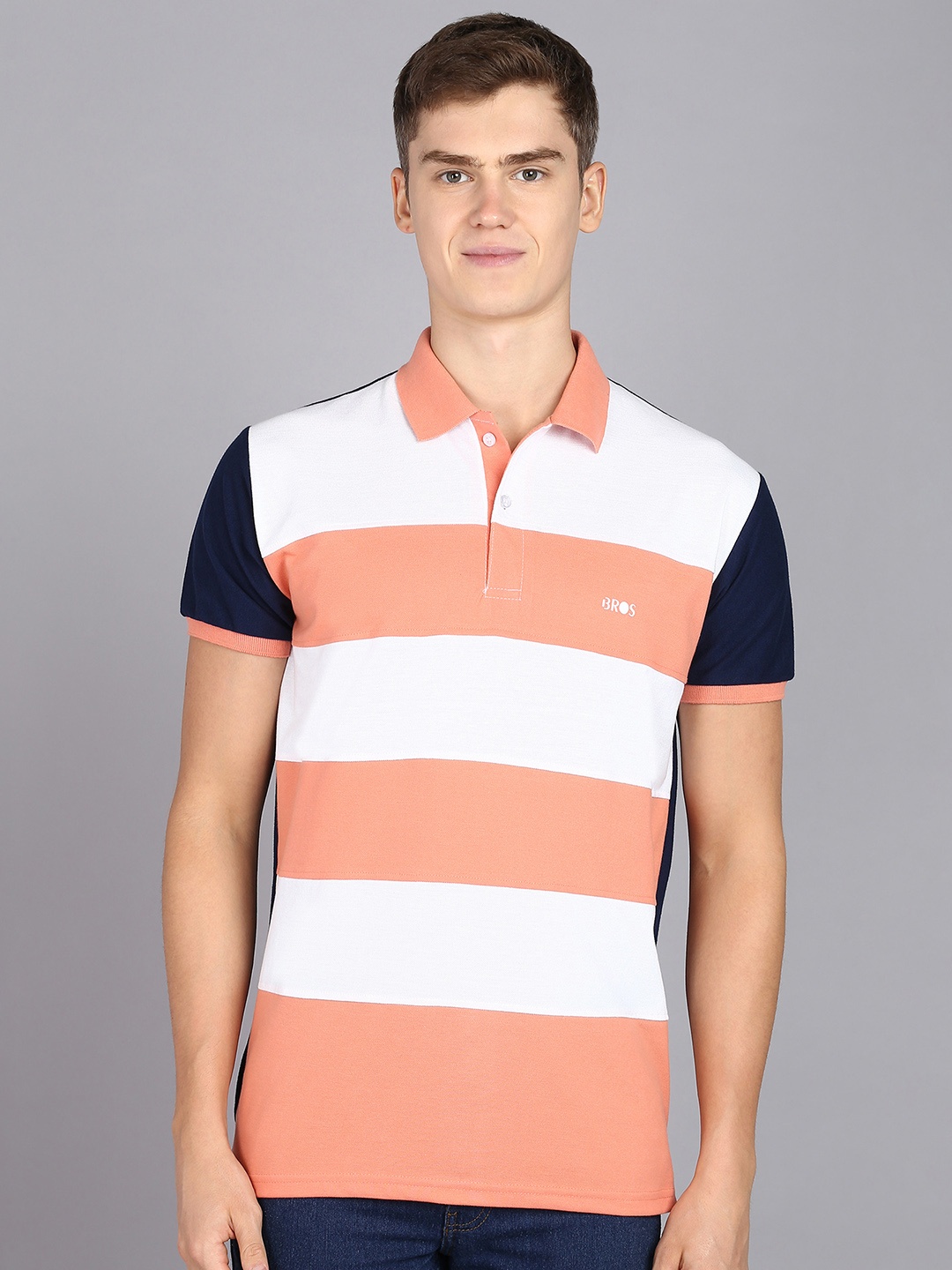 

3BROS Men Colourblocked Polo Collar Cotton T-shirt, Peach