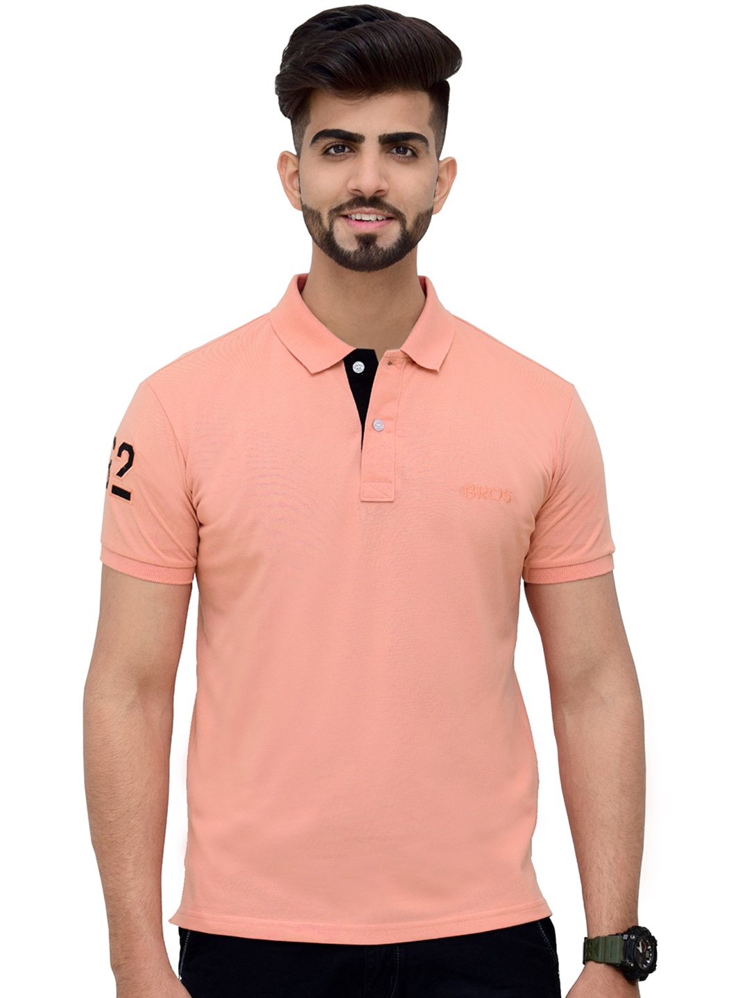 

3BROS Men Polo Collar T-shirt, Peach