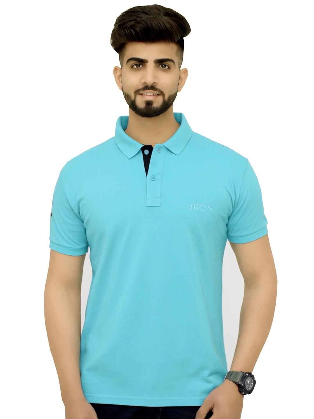

3BROS Men Polo Collar T-shirt, Turquoise blue