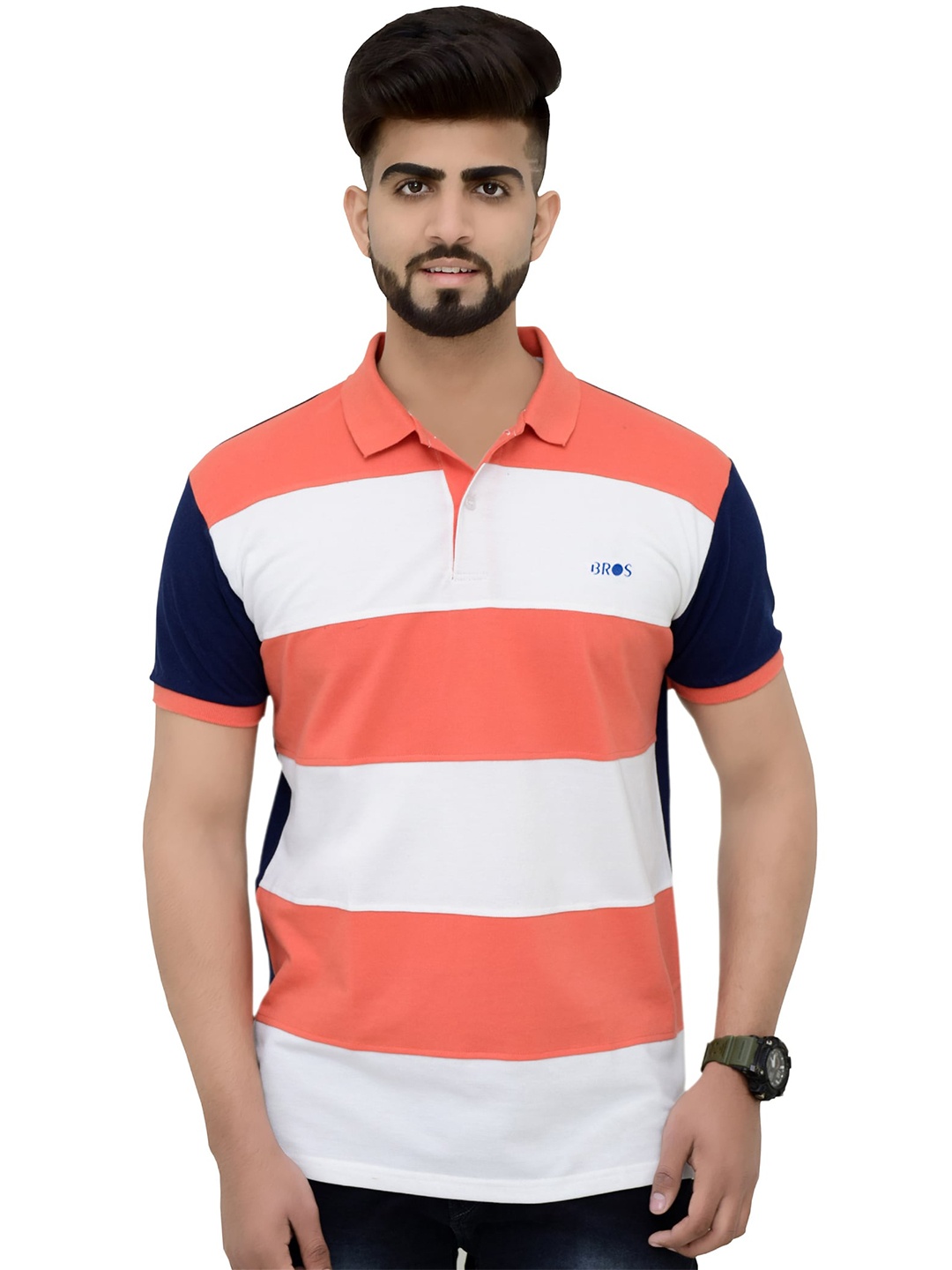 

3BROS Men Striped Polo Collar T-shirt, Orange