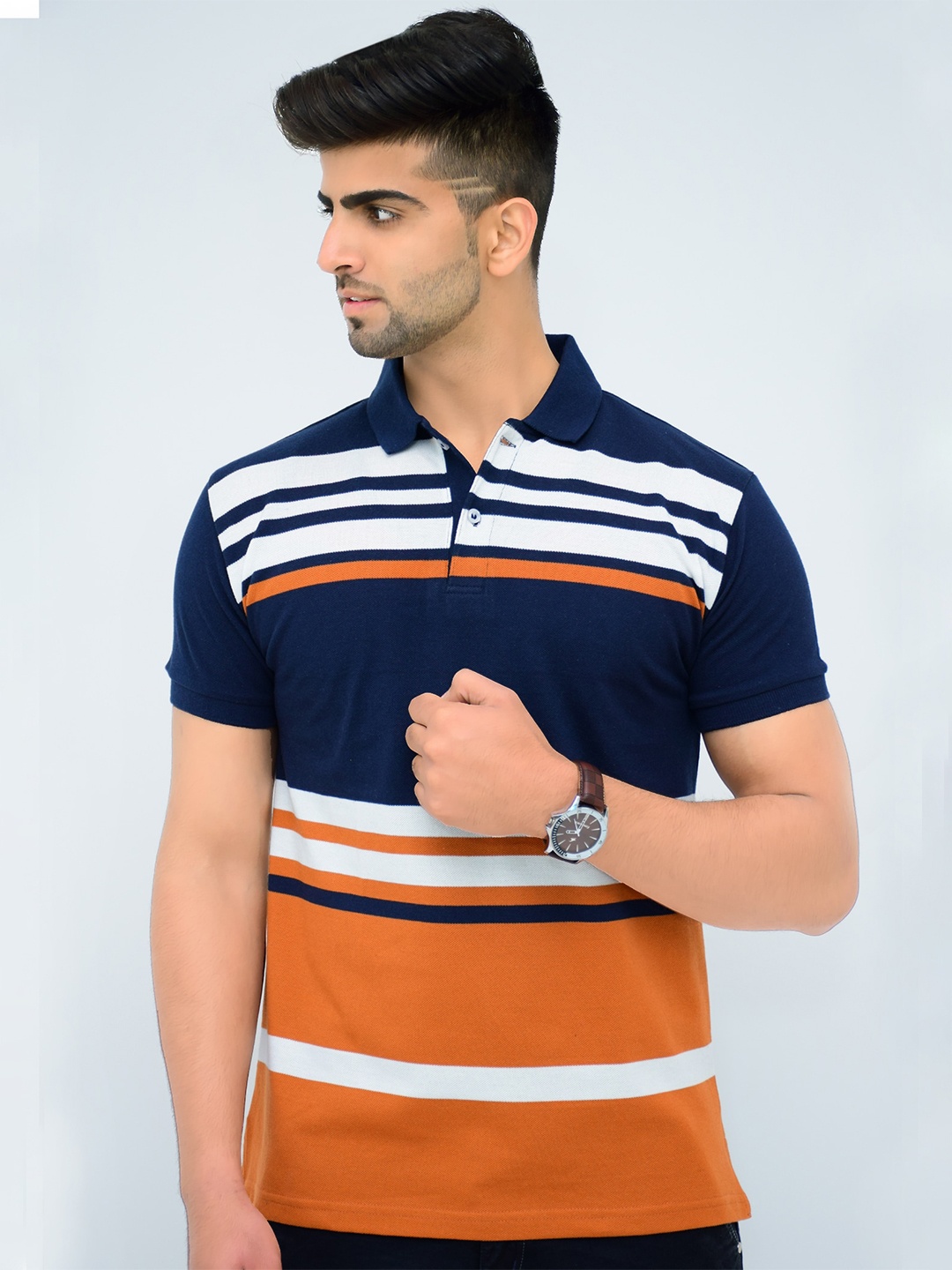 

3BROS Men Striped Polo Collar Cotton T-shirt, Rust