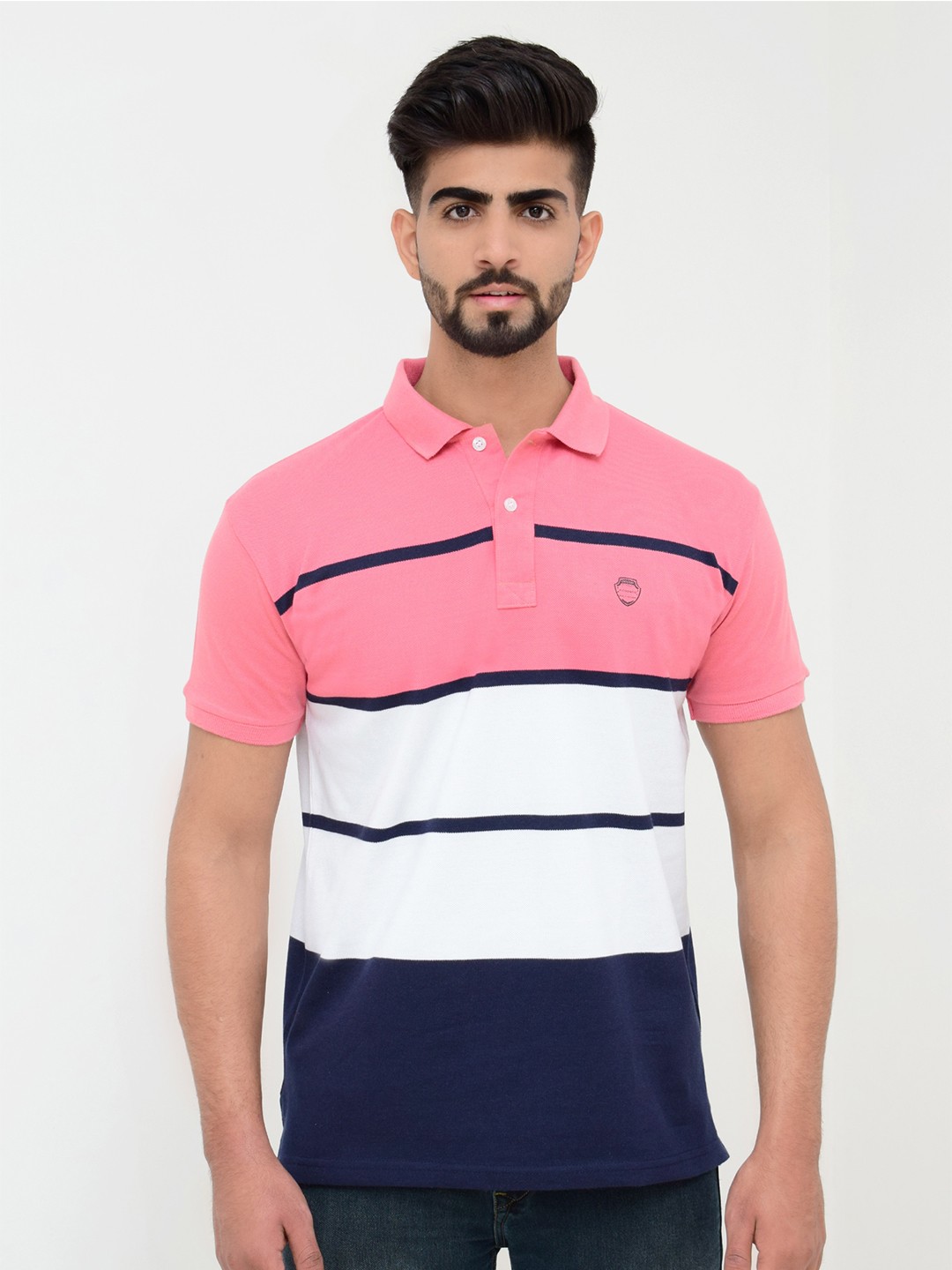 

3BROS Men Striped Polo Collar T-shirt, Peach