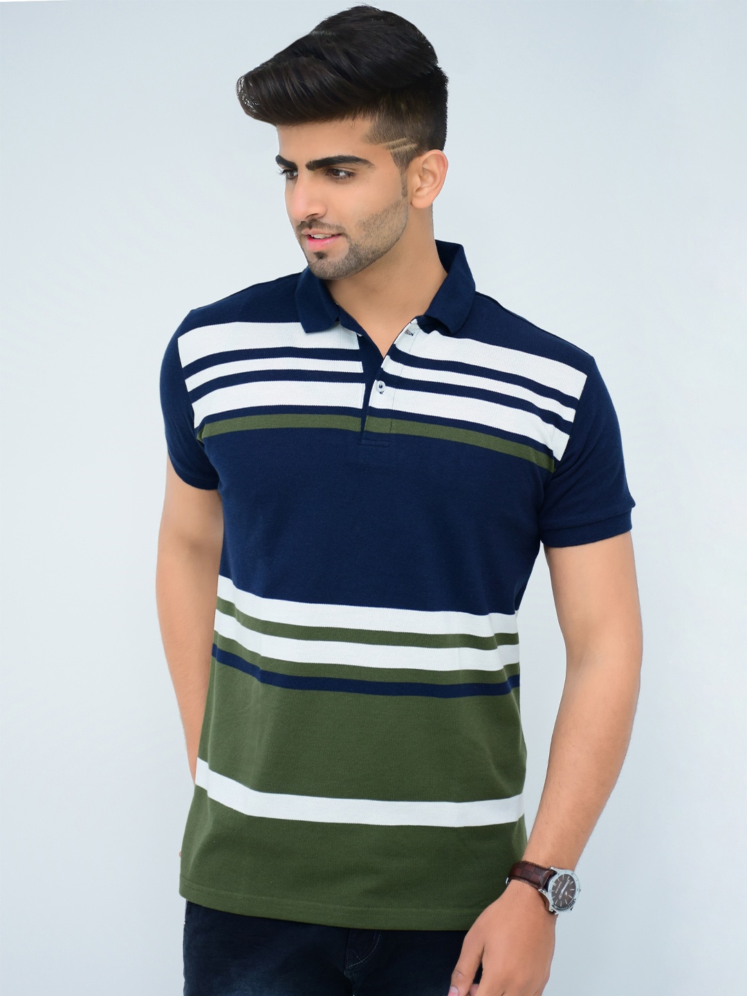

3BROS Men Striped Polo Collar T-shirt, Green