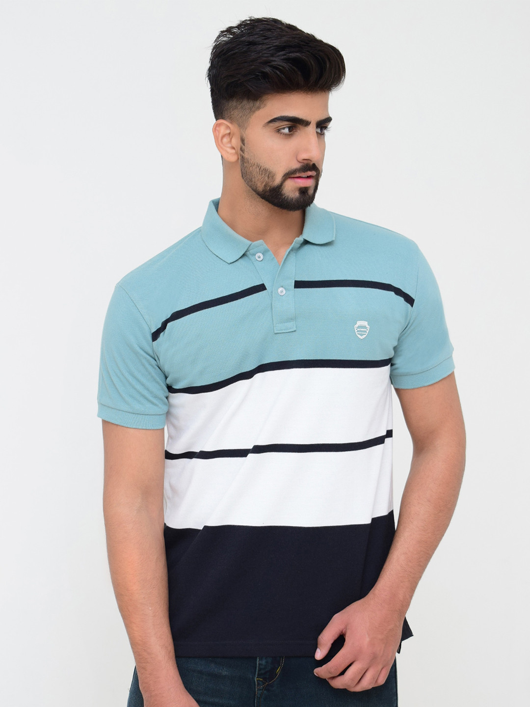 

3BROS Men Striped Polo Collar T-shirt, Turquoise blue