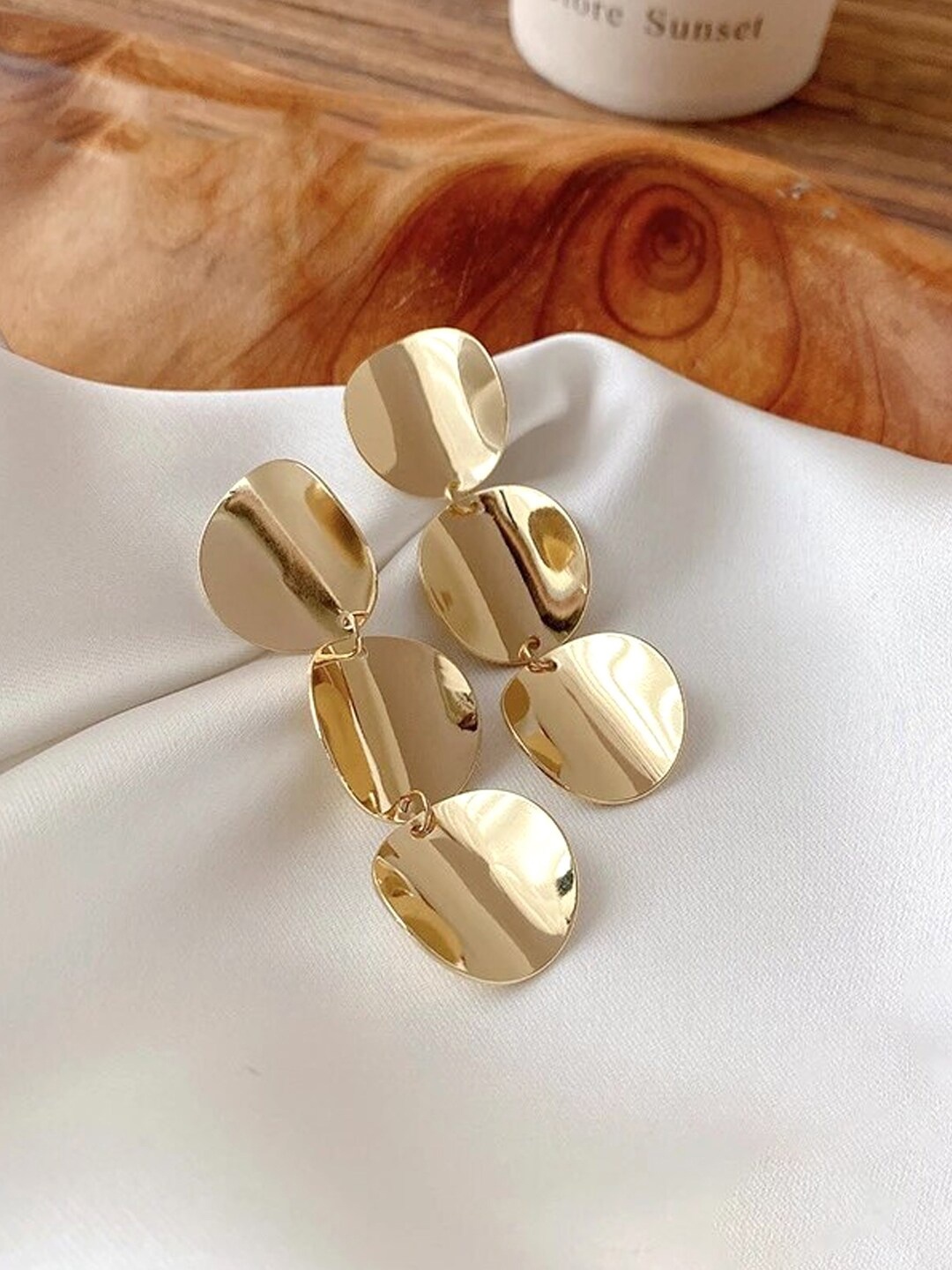 

Yellow Chimes Sparkling Round Geometrical Shape Triple Drop Earrings, Gold