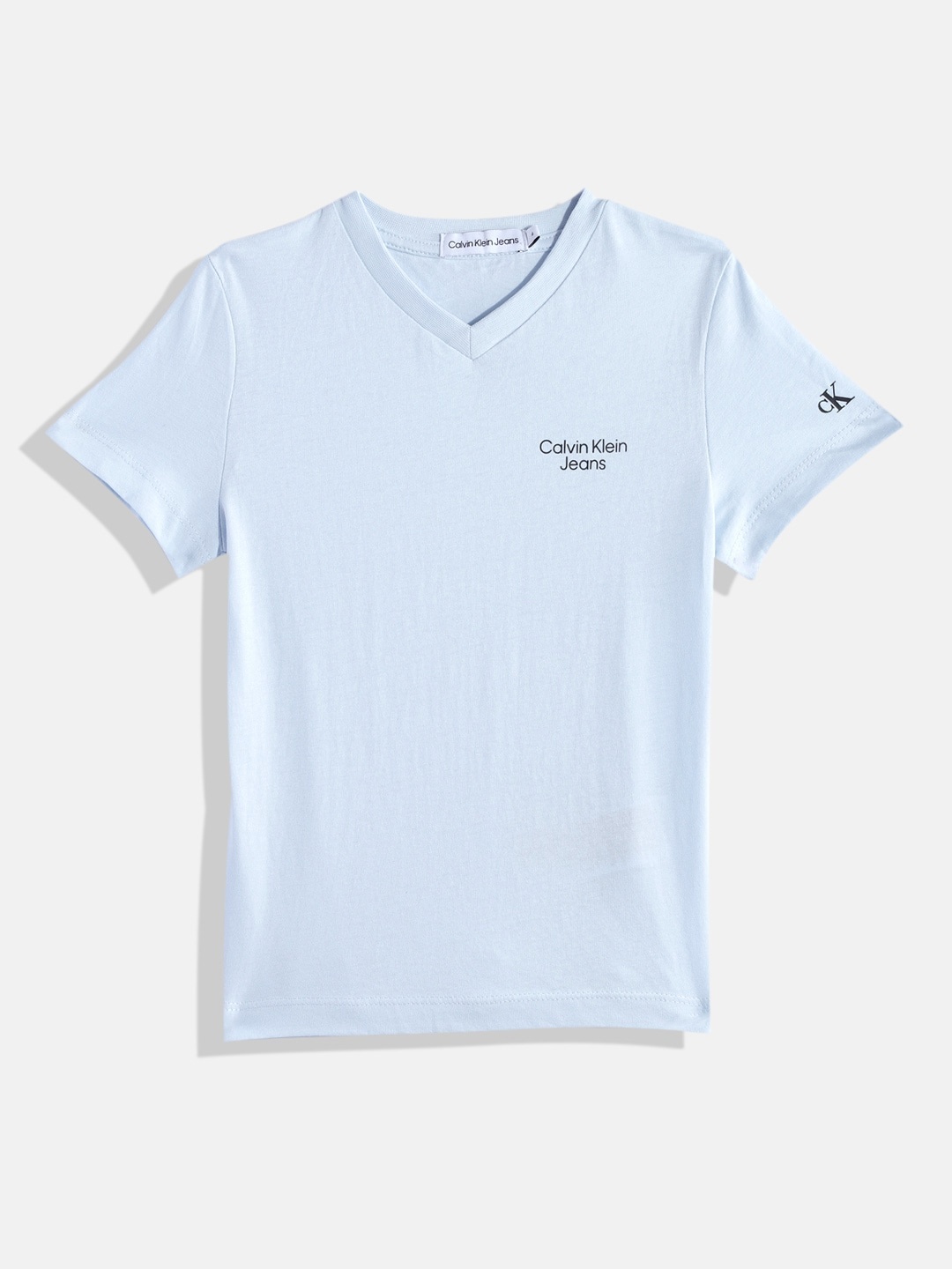 

Calvin Klein Boys Brand Logo Printed V-Neck Pure Cotton T-shirt, Blue