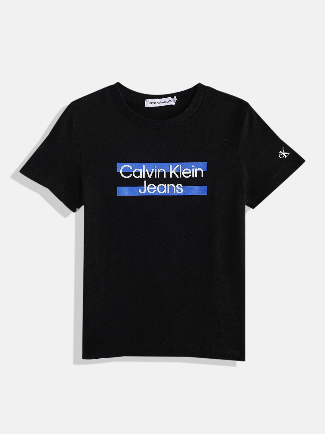 

Calvin Klein Boys Brand Logo Print Organic Cotton T-shirt With Minimal Stripes Detail, Black