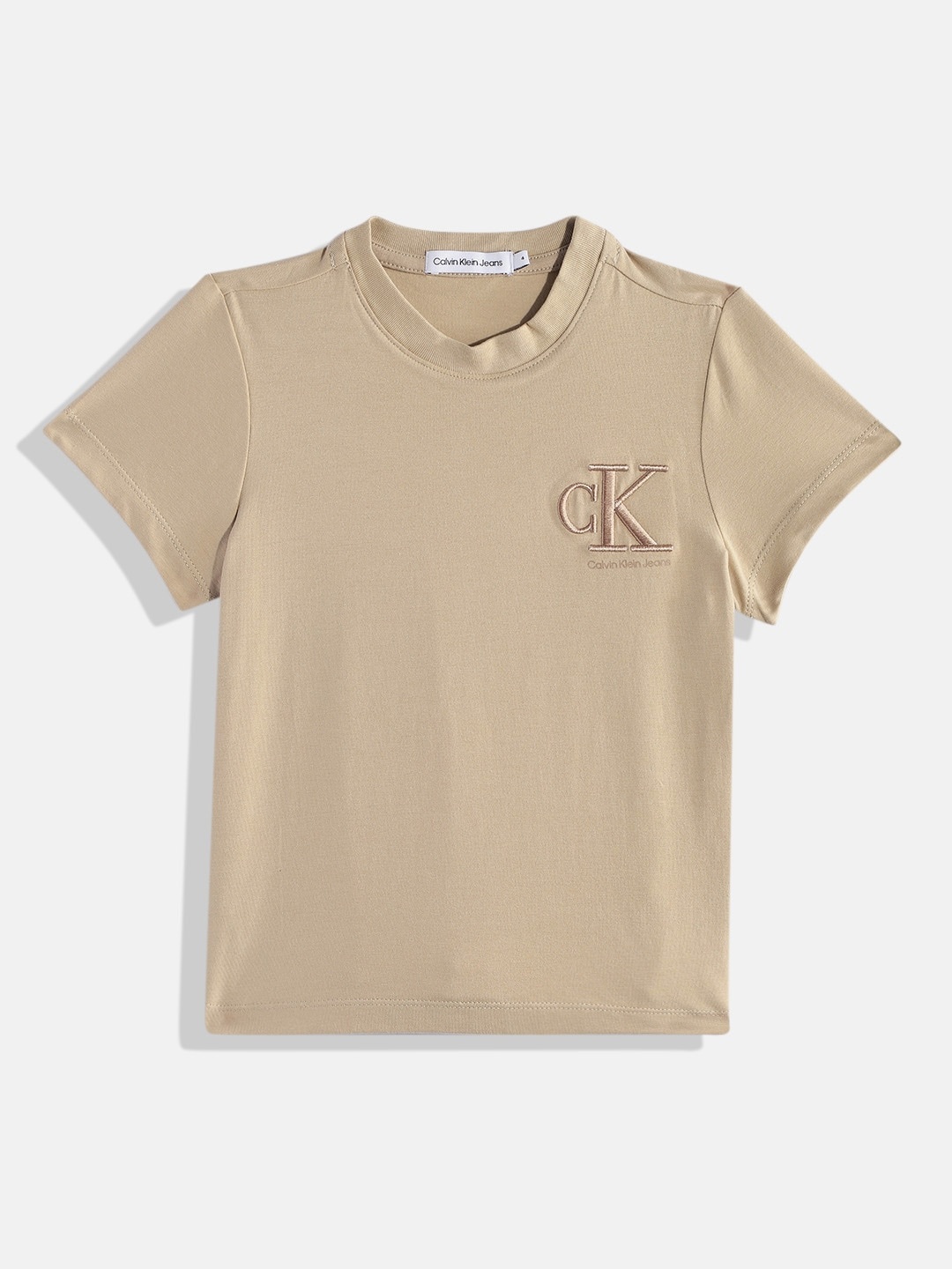 

Calvin Klein Boys Solid Round Neck Knitted Brand Logo Embroidered T-shirt, Khaki