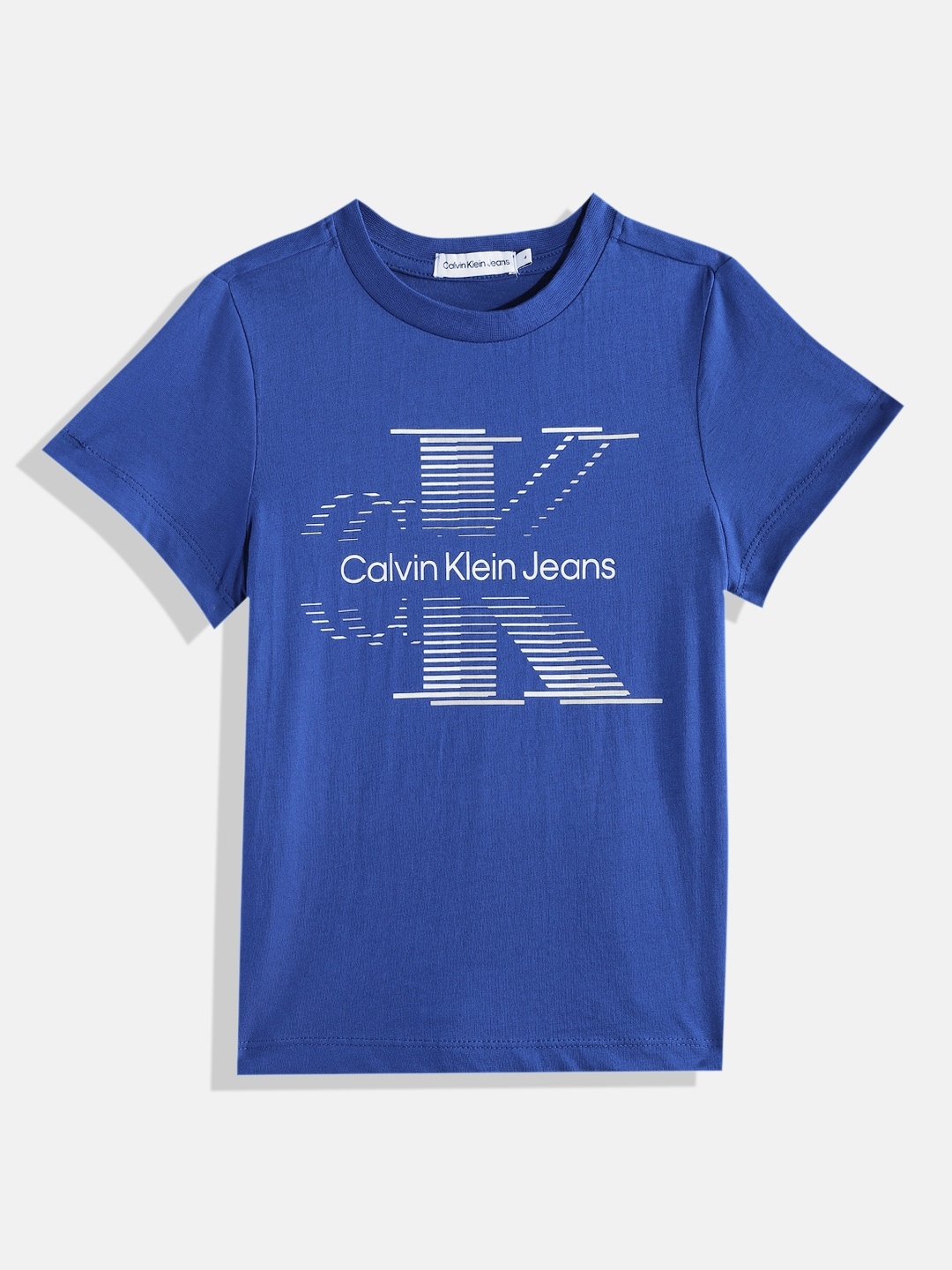 

Calvin Klein Boys Brand Logo Print Knitted Organic Cotton T-shirt, Blue