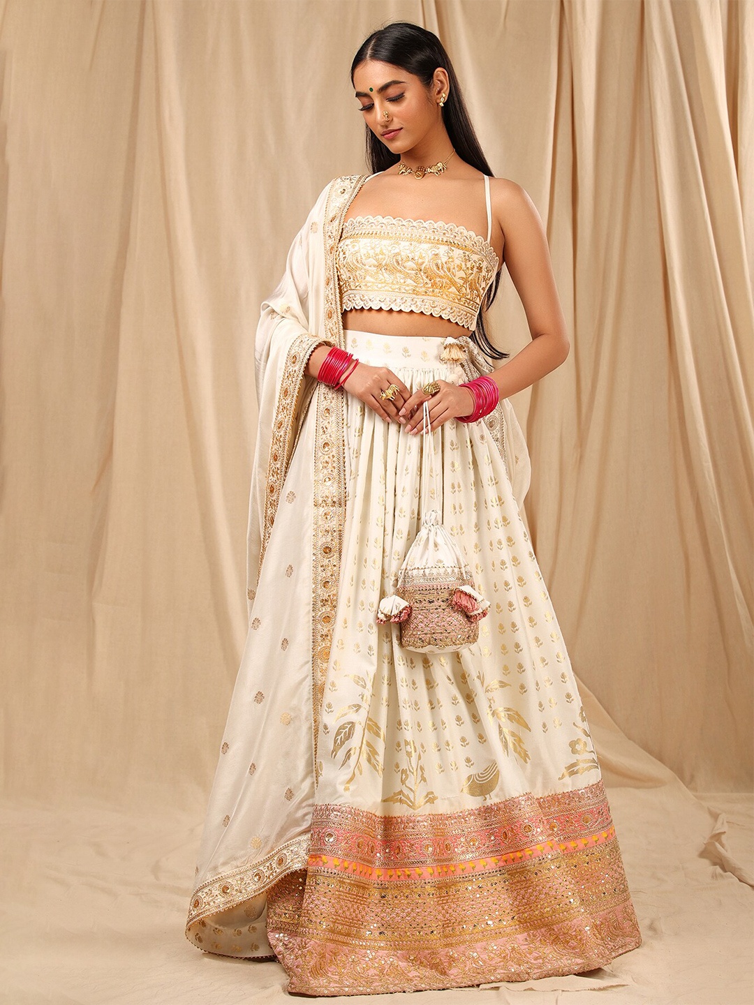 

Masaba Embroidered Thread Work Ready to Wear Lehenga & Blouse With Dupatta Set, White