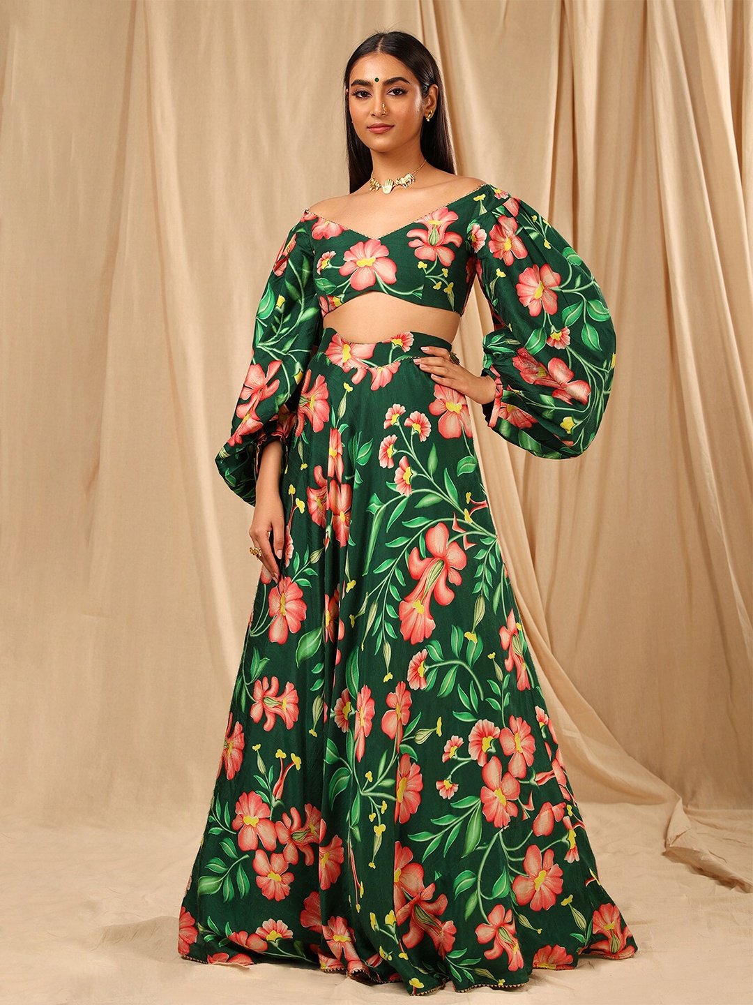 

Masaba Floral Printed Ready to Wear Lehenga Choli, Green