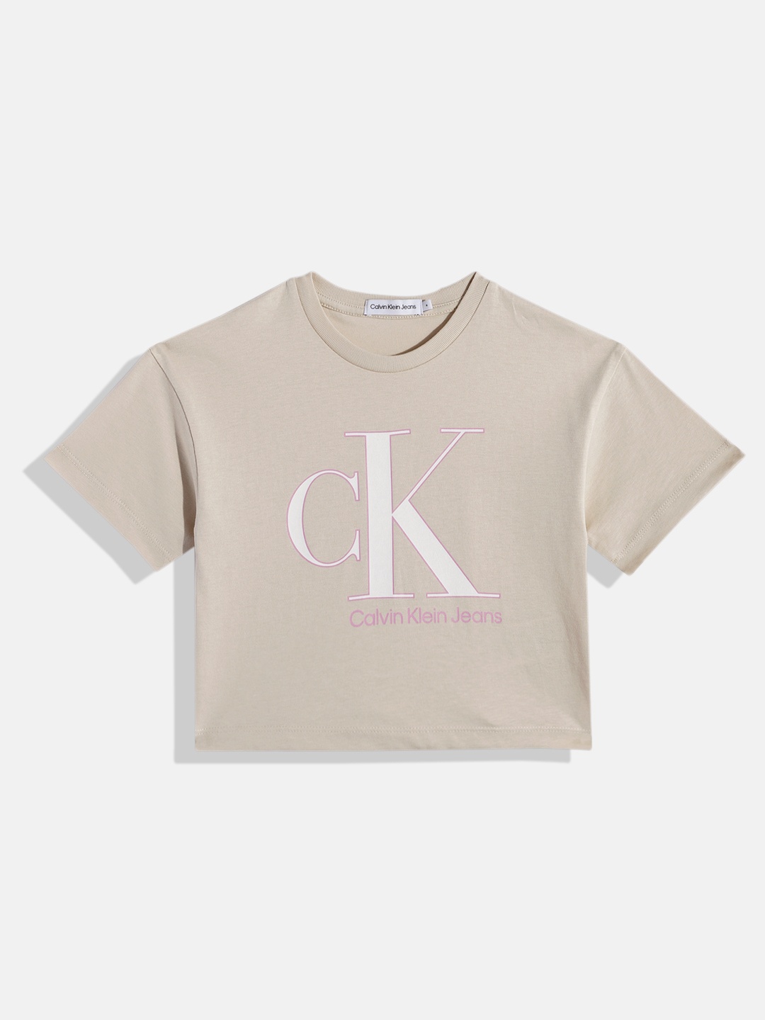 

Calvin Klein Girls Beige Brand Logo Printed Pure Cotton T-shirt