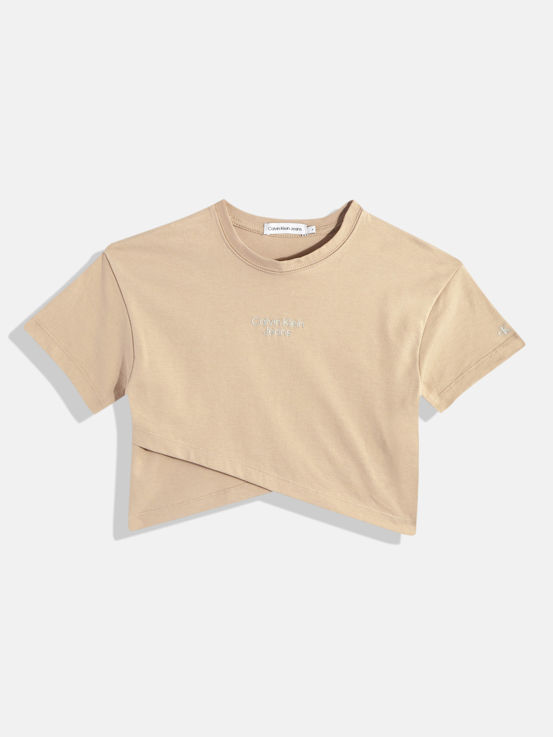 

Calvin Klein Girls Brand Logo Printed Pure Cotton Overlap T-shirt, Beige