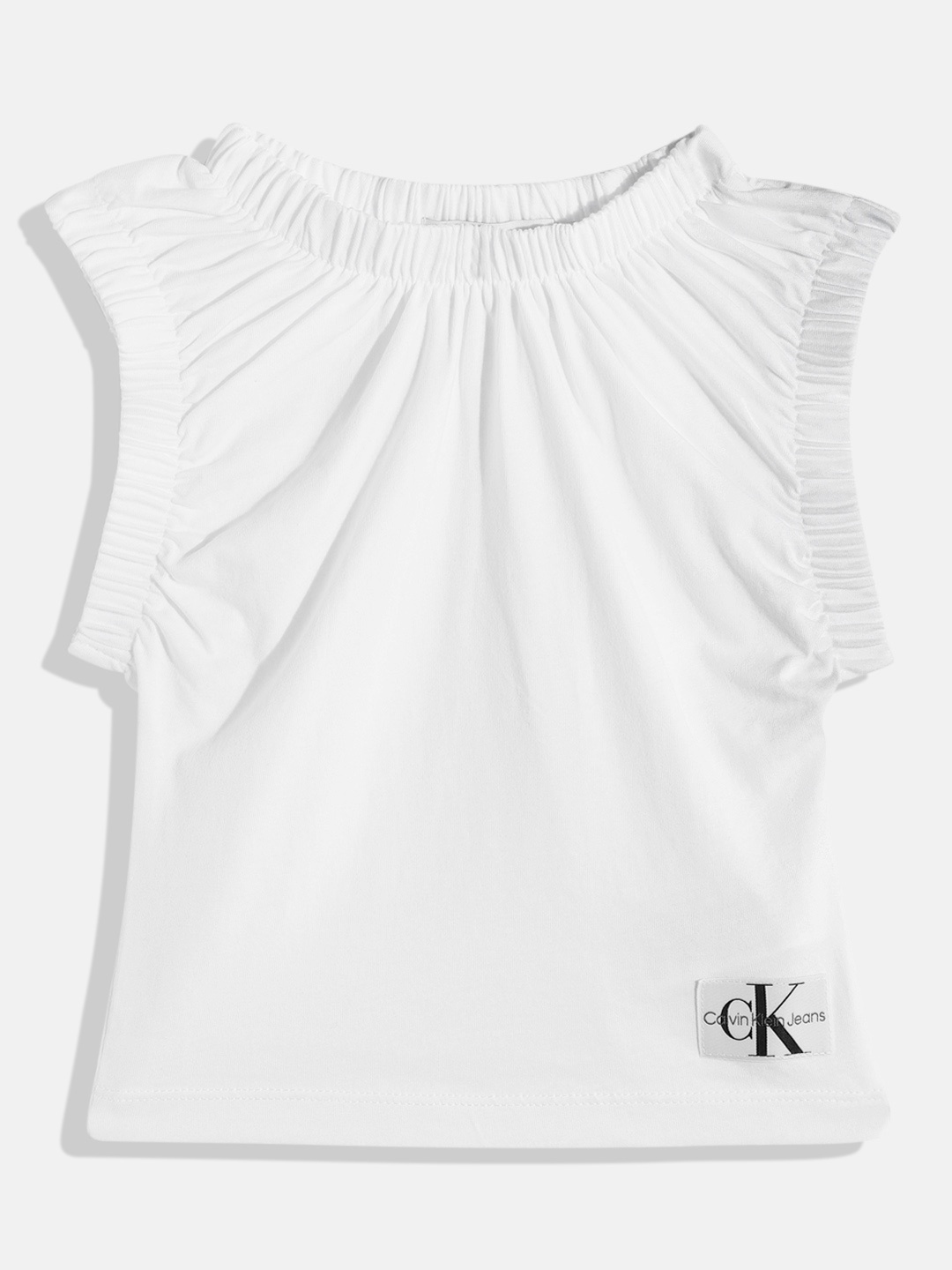 

Calvin Klein Girls Gathered Cotton Top with Applique, White