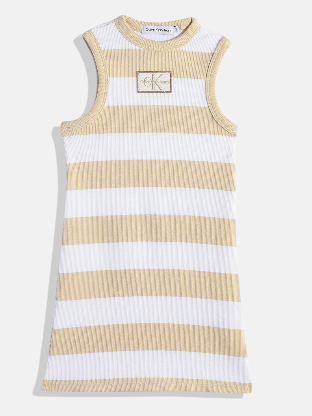 

Calvin Klein Jeans Girls Striped A-Line Dress with Applique, Beige