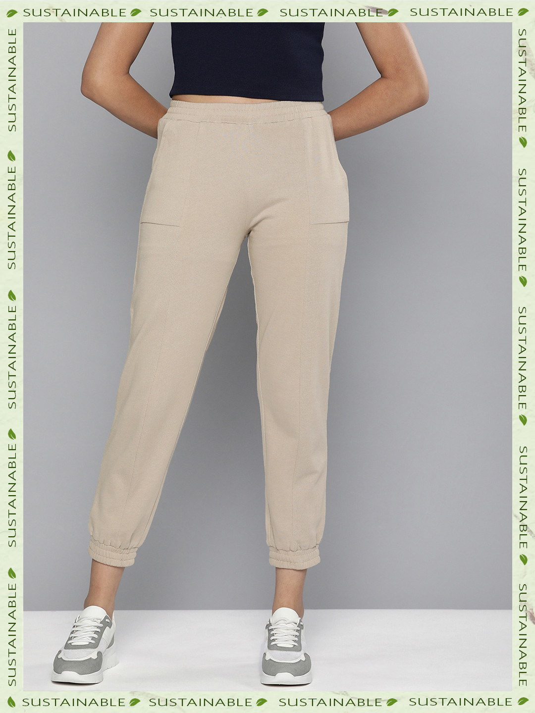 

HERE&NOW Women Solid Panel Joggers, Beige