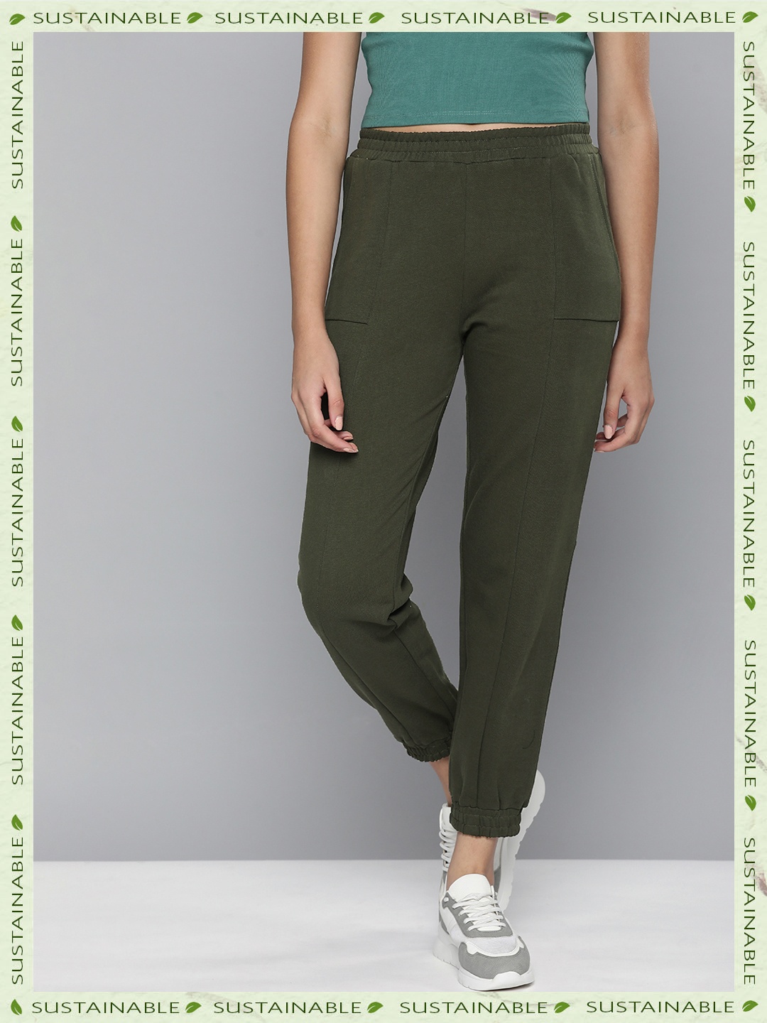 

HERE&NOW Women Solid Panel Joggers, Olive