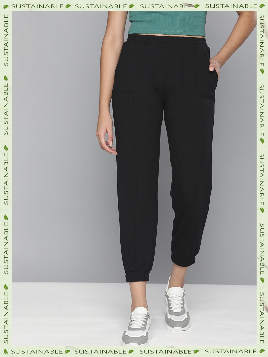 

HERE&NOW Women Solid Panel Joggers, Black