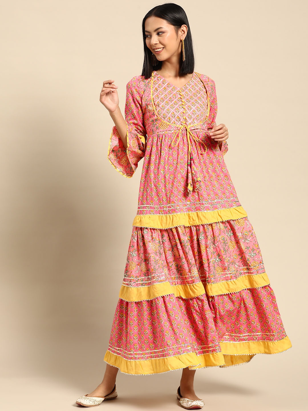 

RANGMAYEE Pink & Yellow Floral Ethnic A-Line Cotton Maxi Dress
