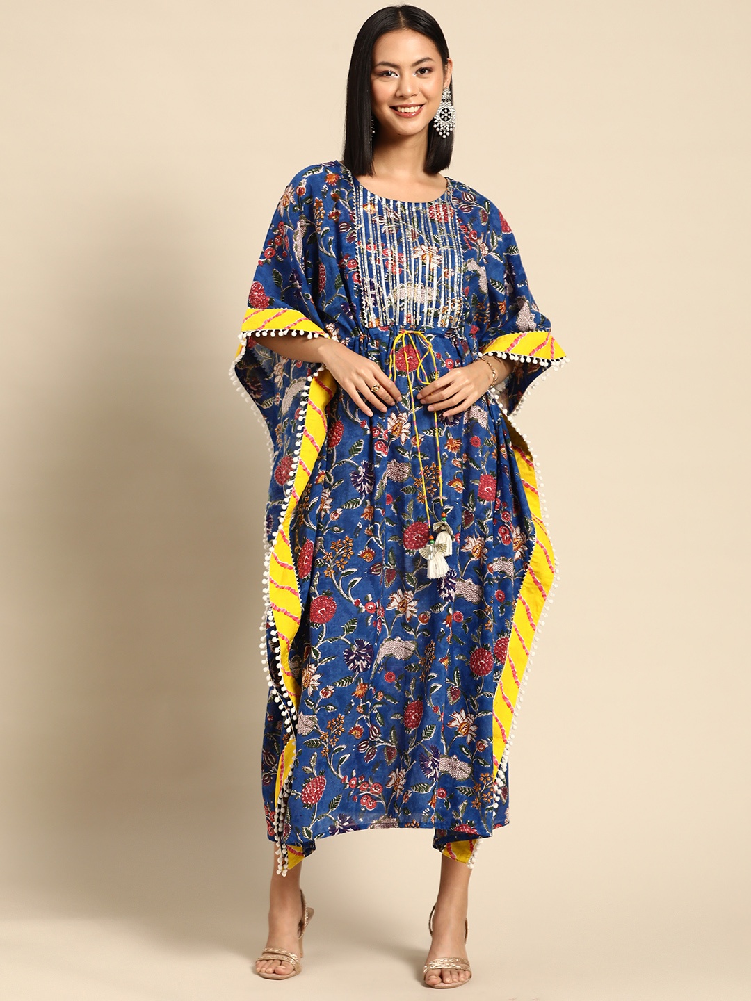 

RANGMAYEE Navy Blue & Yellow Floral Ethnic Kaftan Cotton Midi Dress