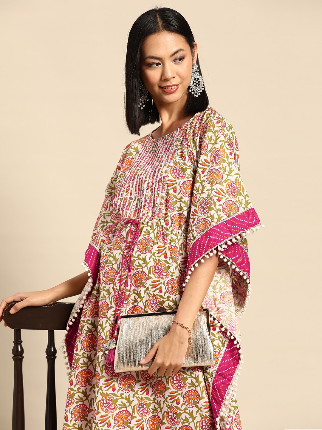 

RANGMAYEE White & Pink Floral Ethnic Kaftan Midi Dress