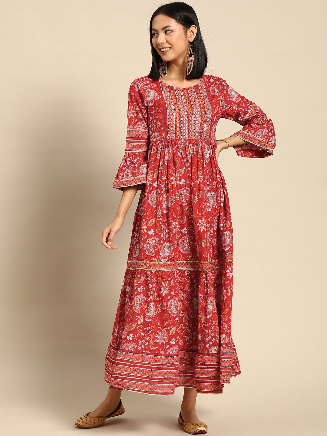 RANGMAYEE Ethnic Motifs A-Line Maxi Dress, Maroon