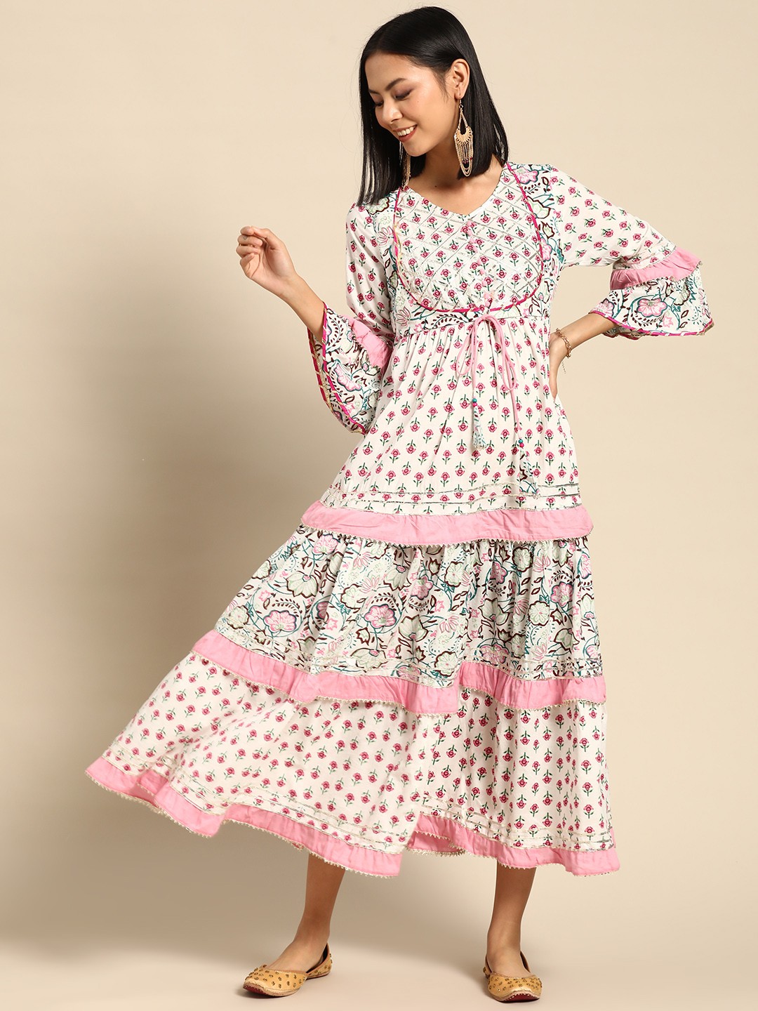 

RANGMAYEE Ethnic Motifs Layered A-Line Maxi Ethnic Dress, White