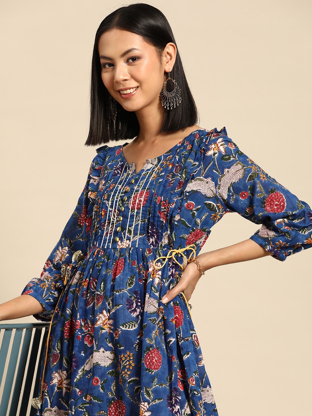 

RANGMAYEE Ethnic Motifs A-Line Midi Dress, Blue