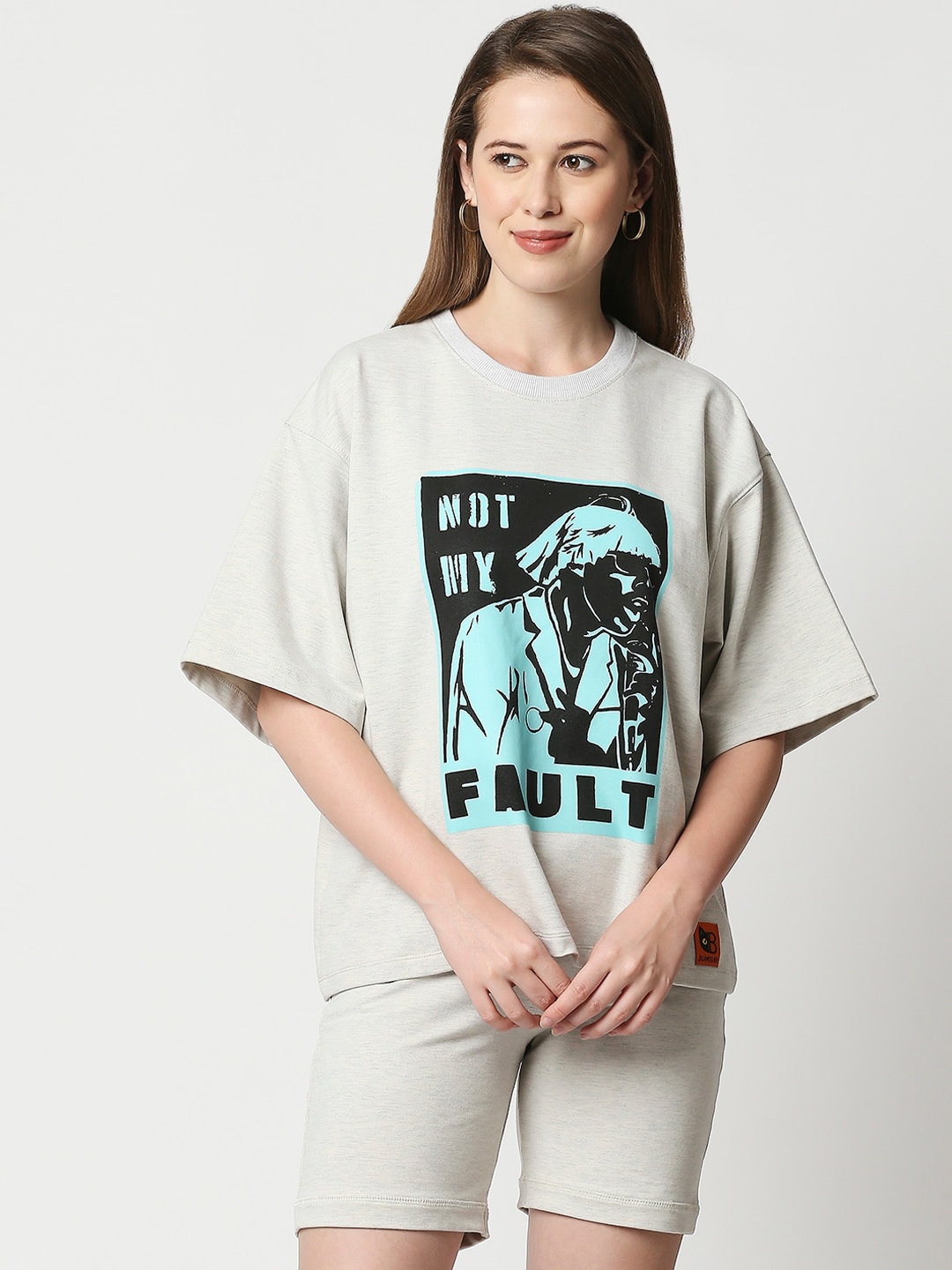 

Blamblack Women Printed T-Shirt & Shorts Co-Ords, Grey