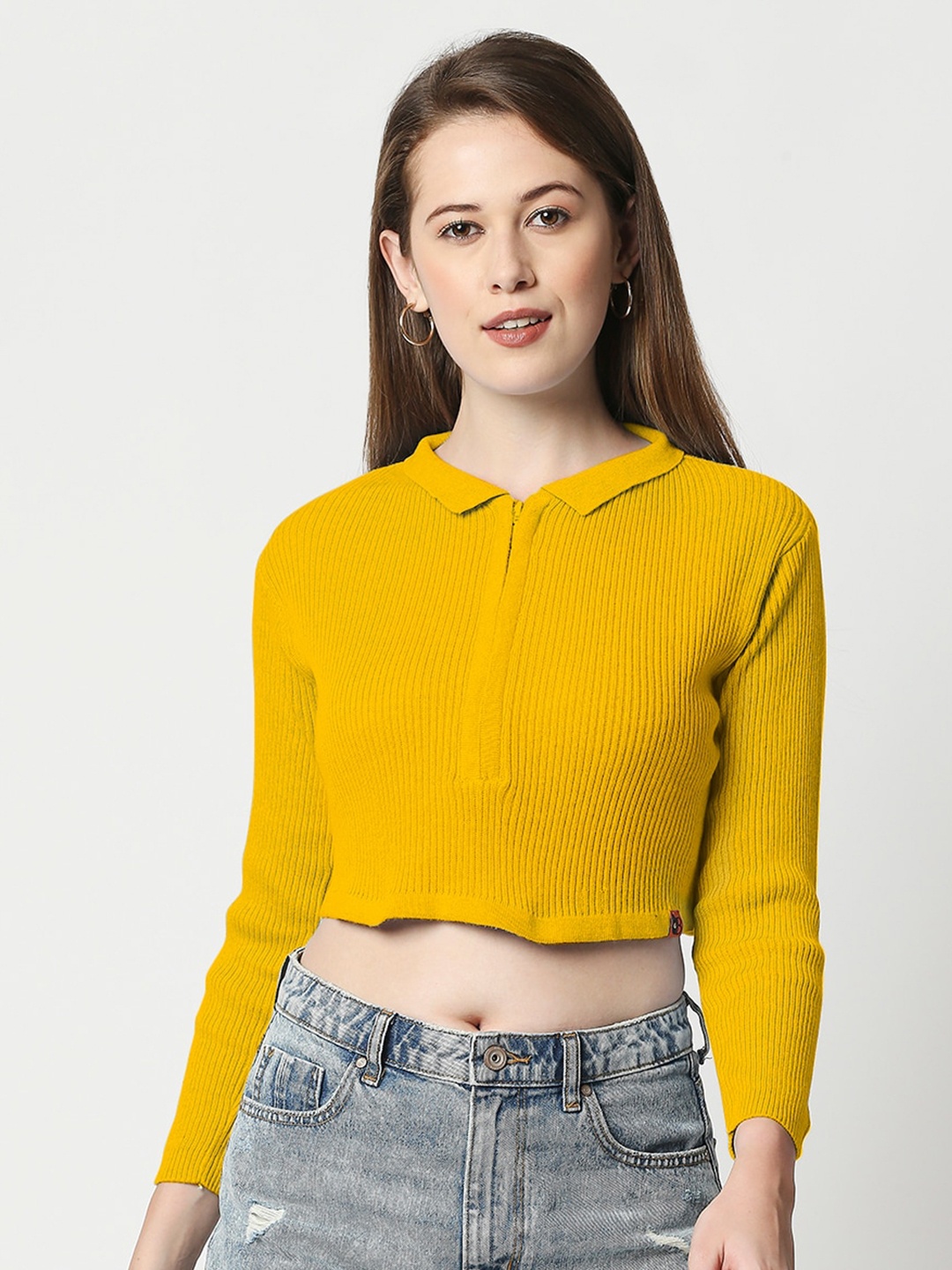 

Blamblack Women Polo Collar Cotton Crop T-shirt, Mustard