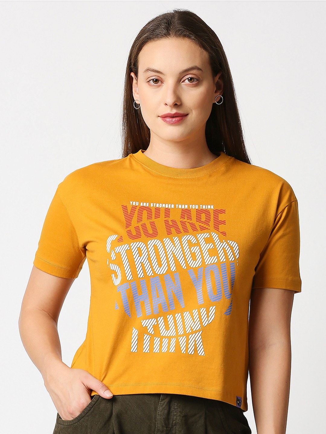 

Blamblack Women Typography Printed Cotton Crop T-shirt, Yellow